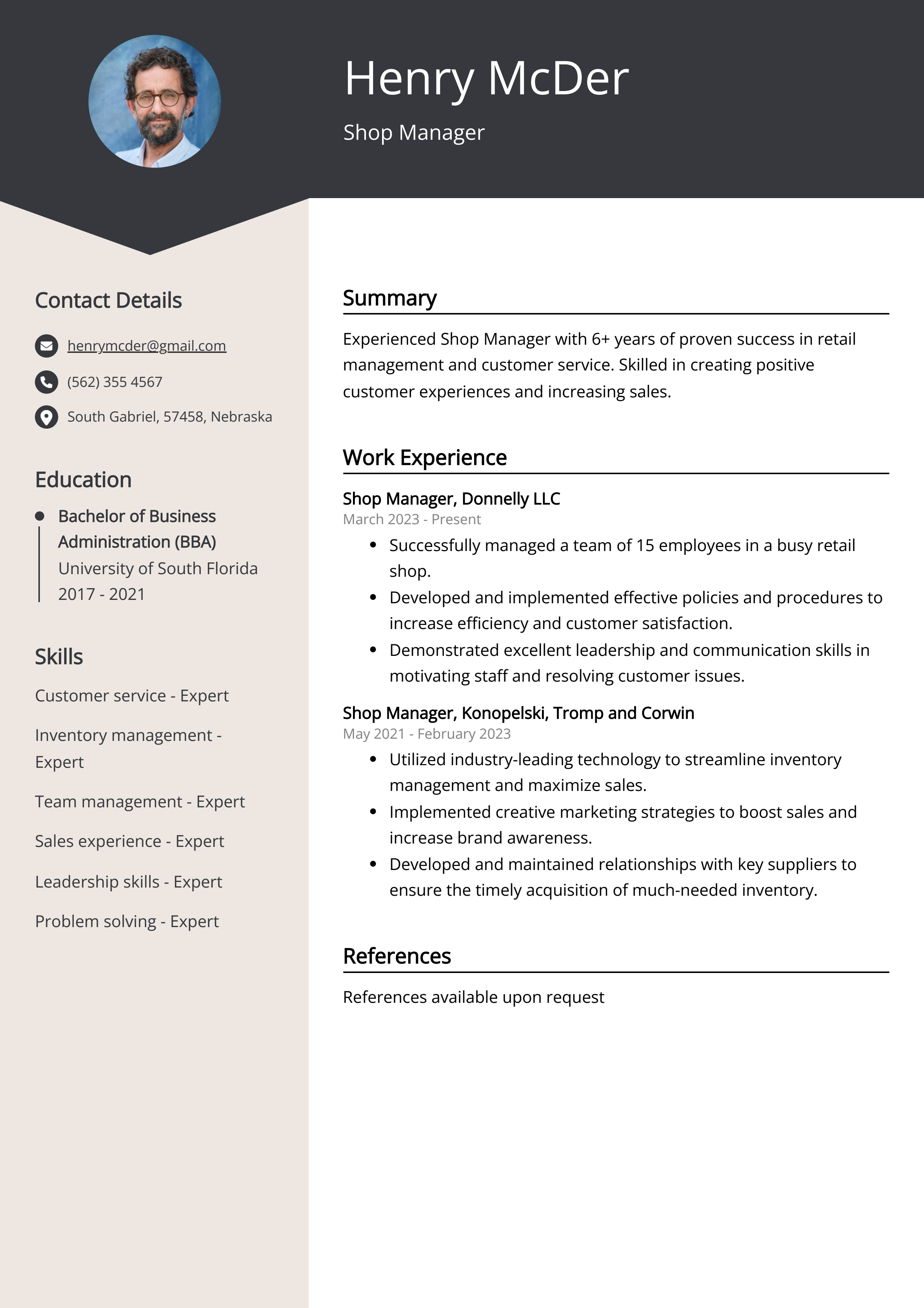 Shop Manager Resume Example