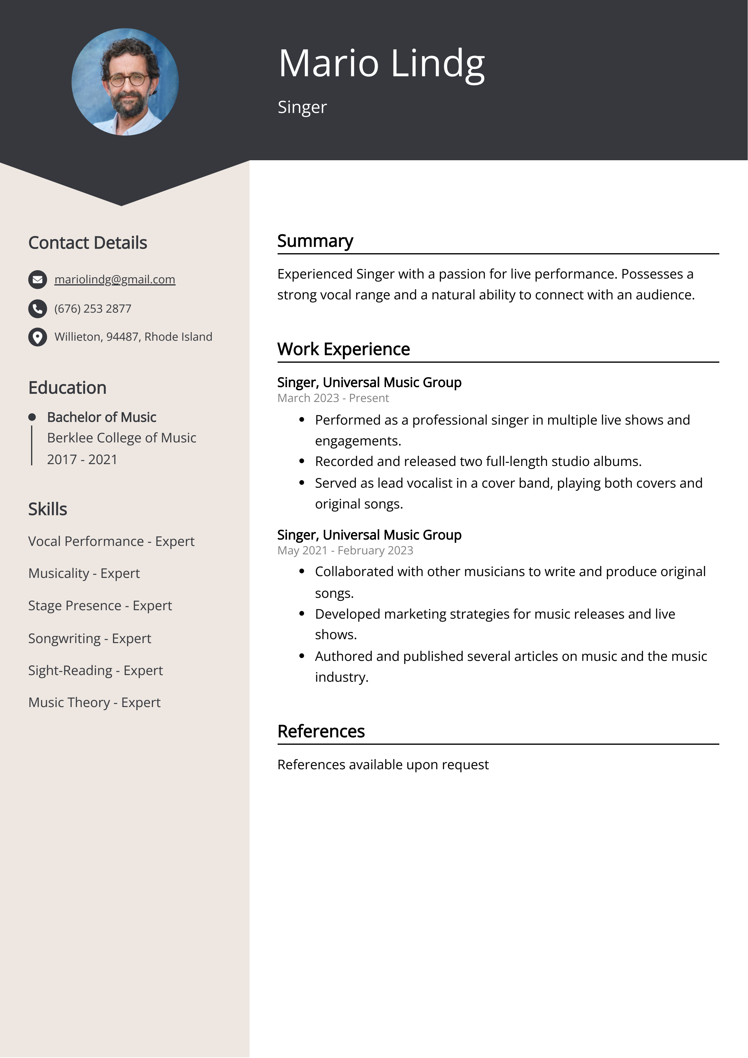 Singer Resume Example