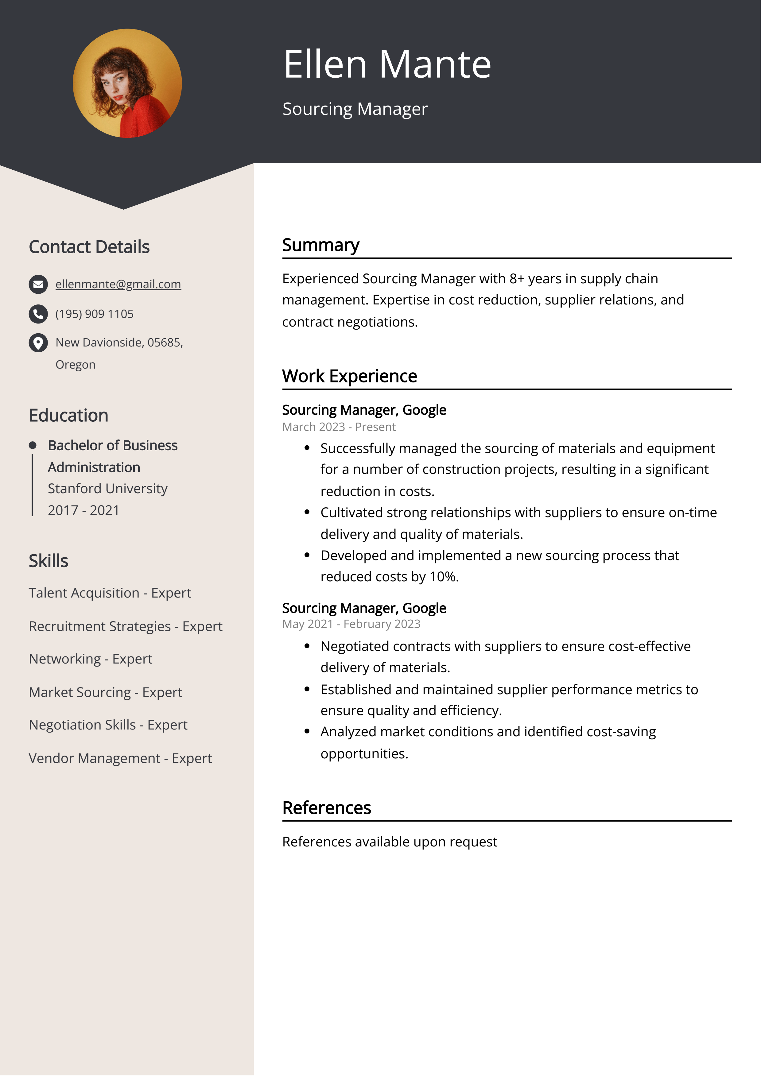 Sourcing Manager Resume Example