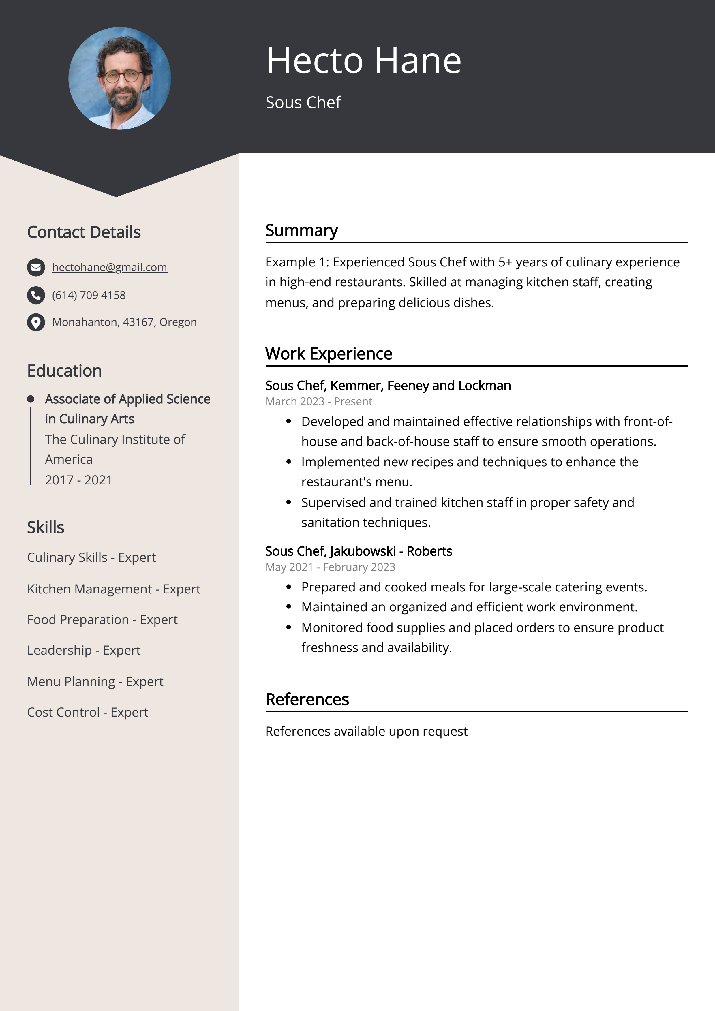 Sous Chef Resume Example