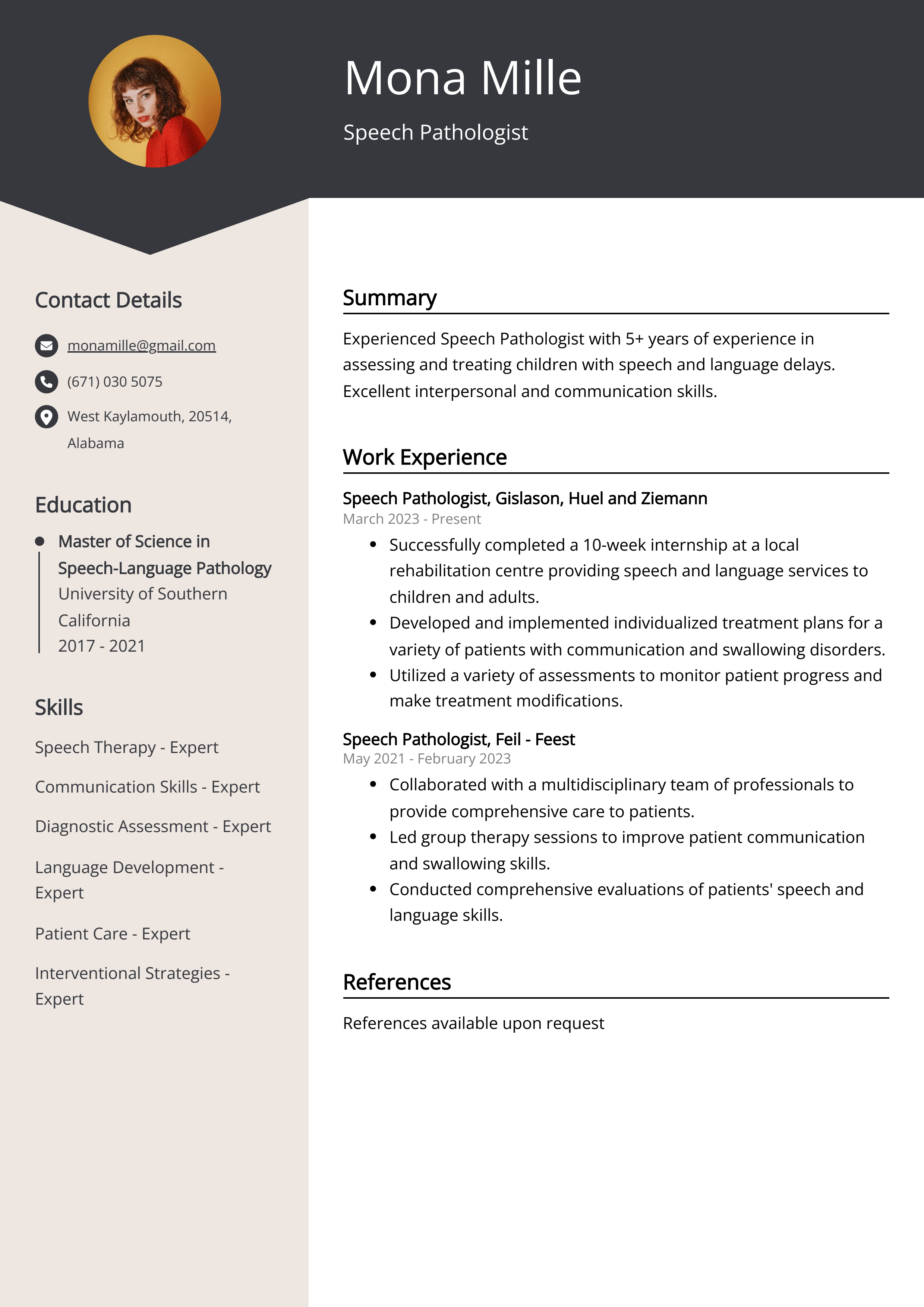 Speech Pathologist Resume Example