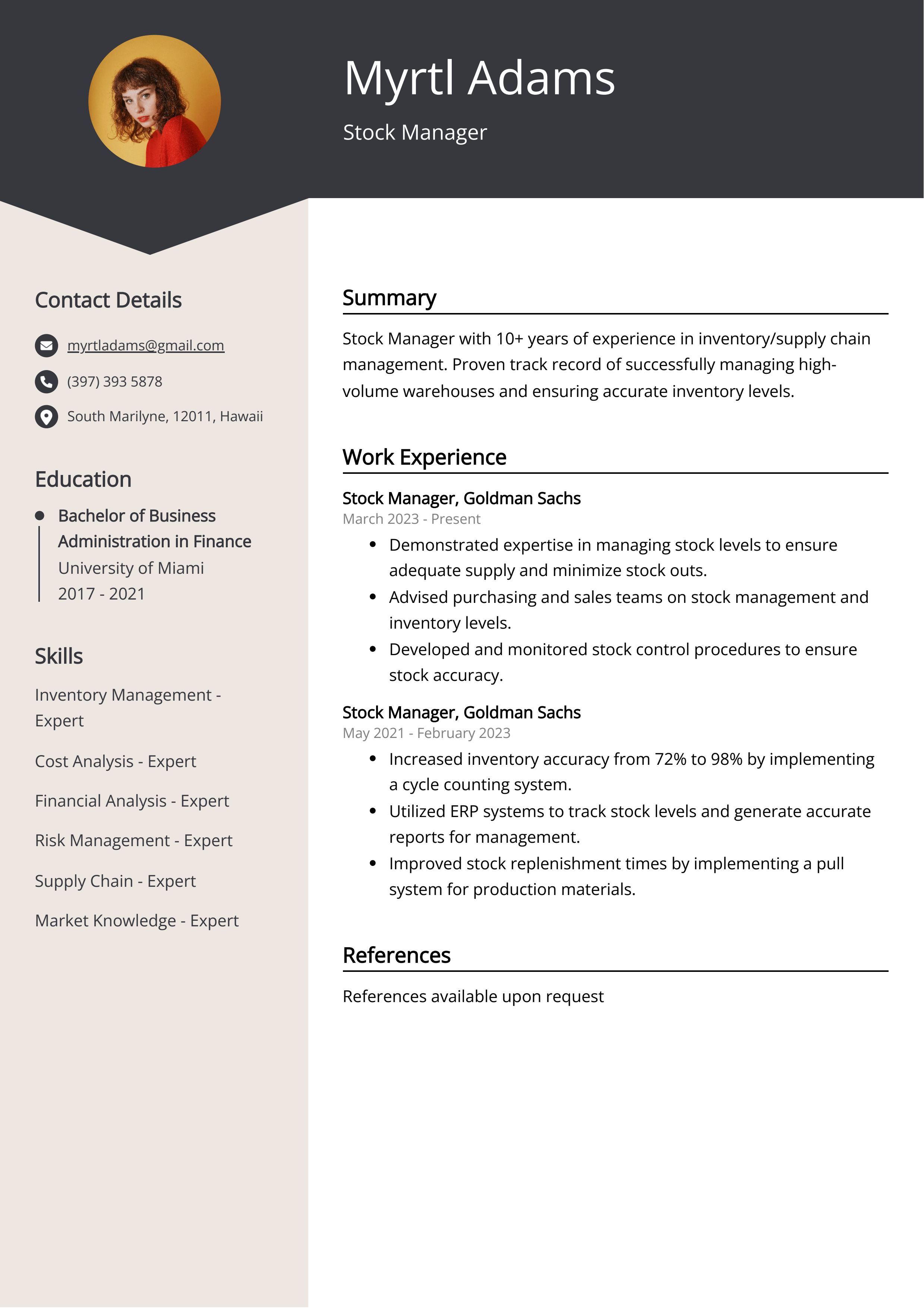 Stock Manager Resume Example
