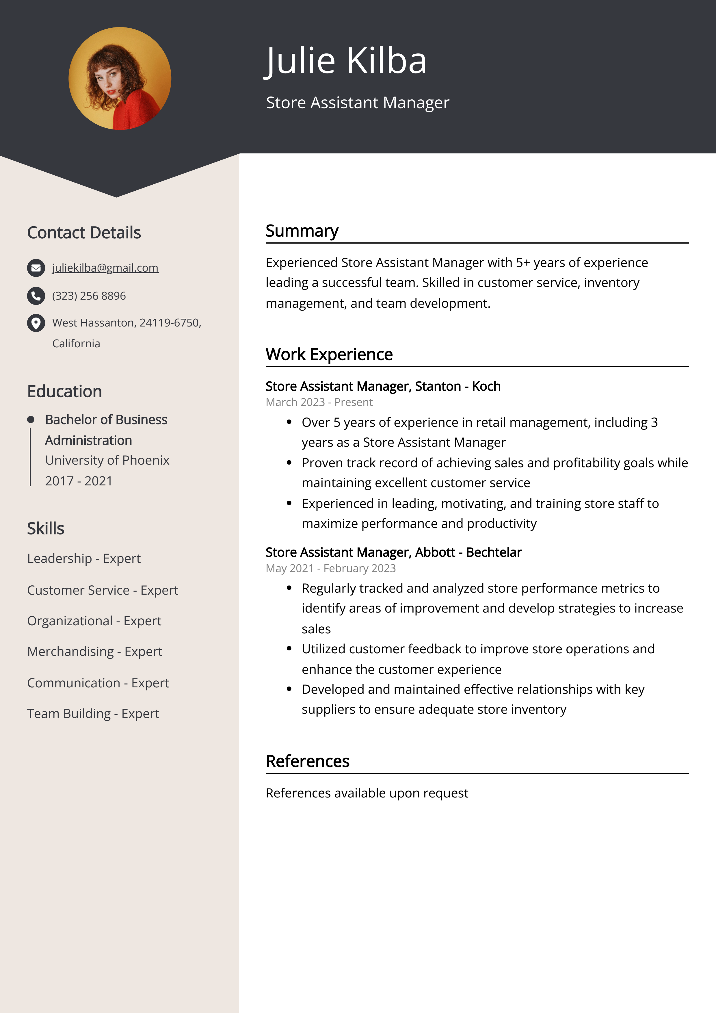 Store Assistant Manager Resume Example