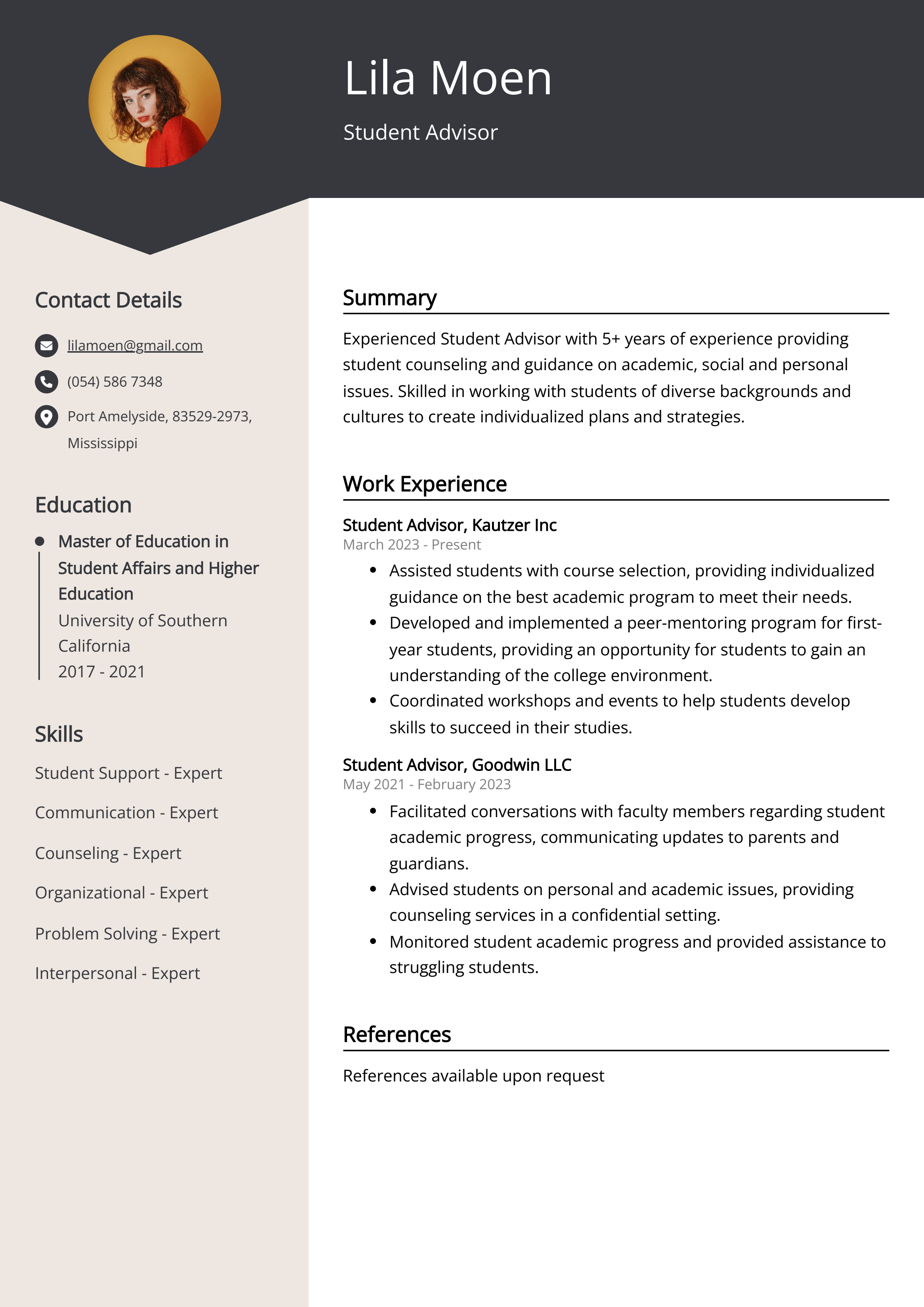 Student Advisor Resume Example