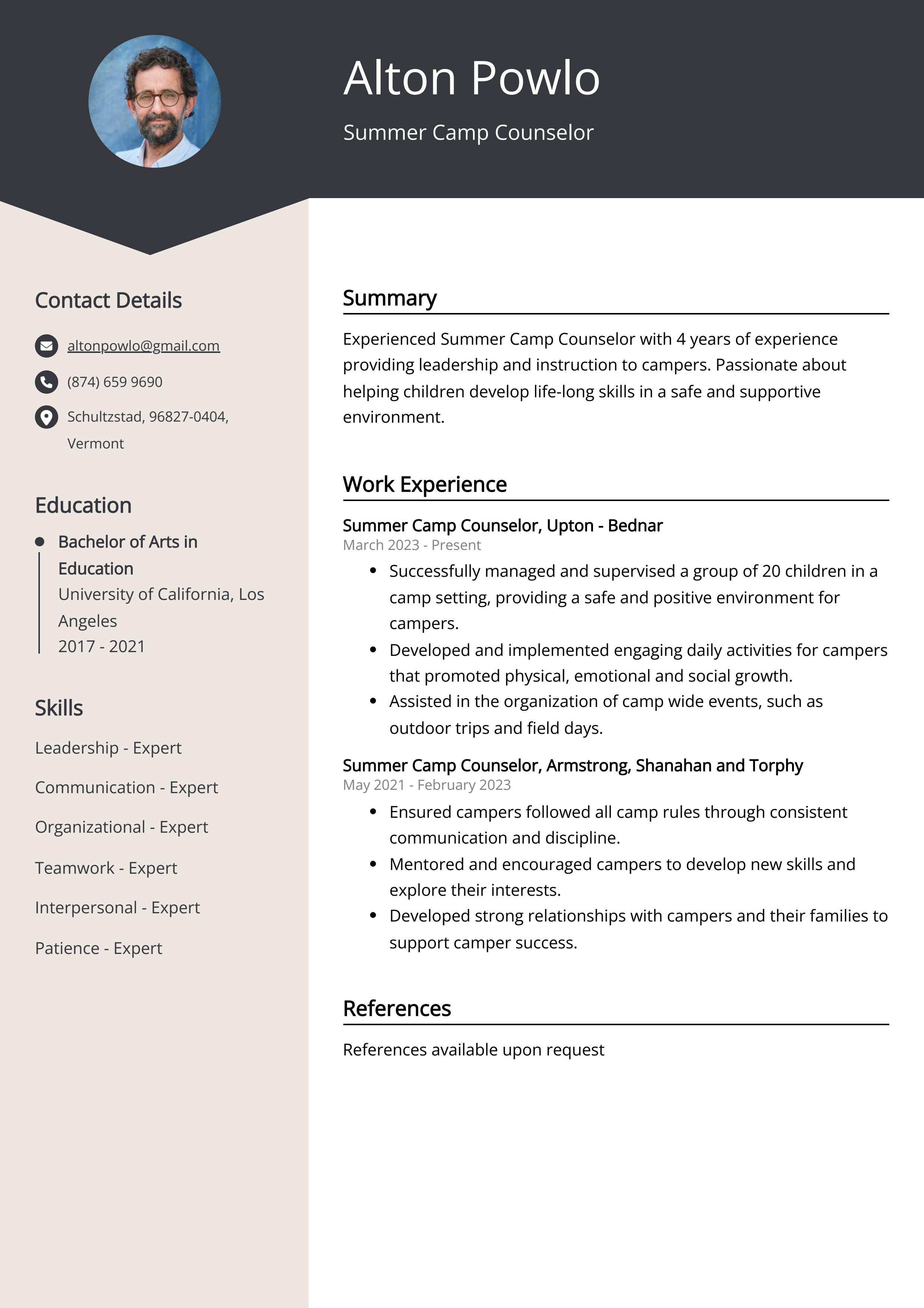 Summer Camp Counselor Resume Example