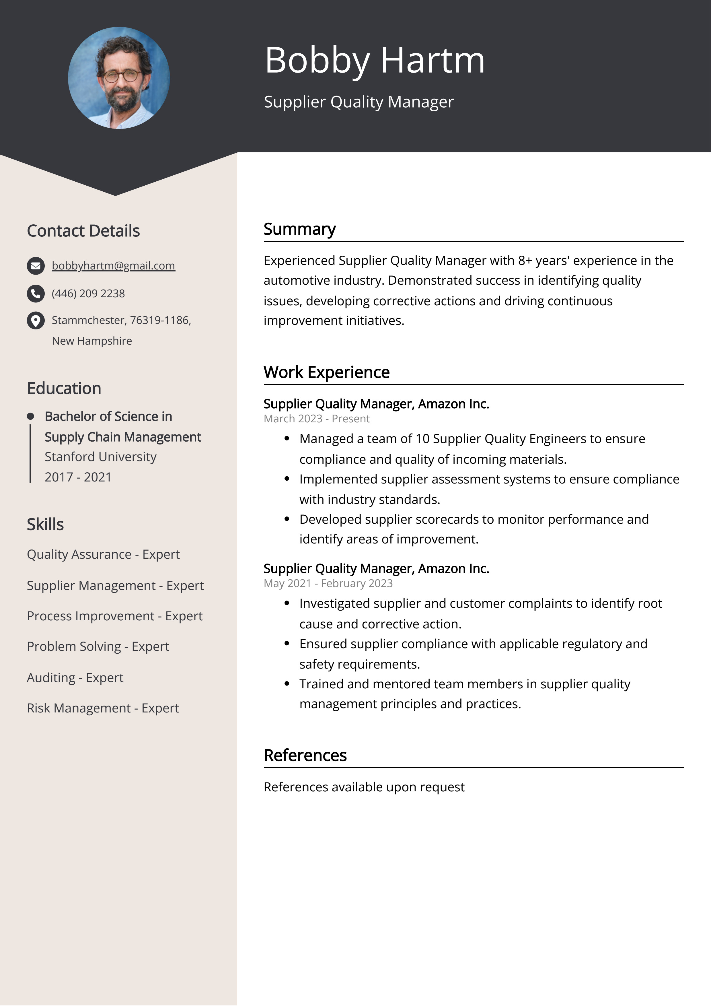 Supplier Quality Manager Resume Example