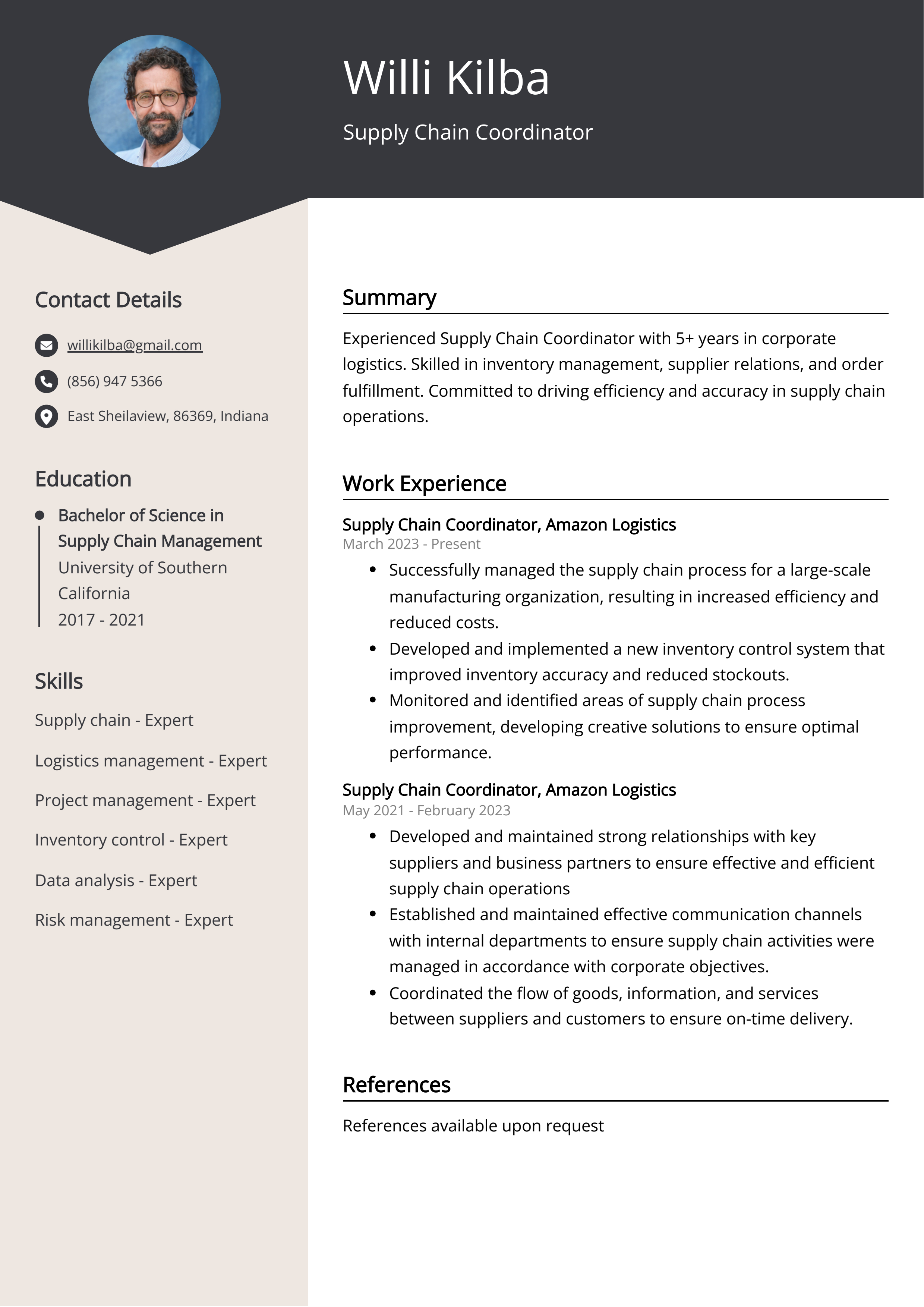 Supply Chain Coordinator Resume Example