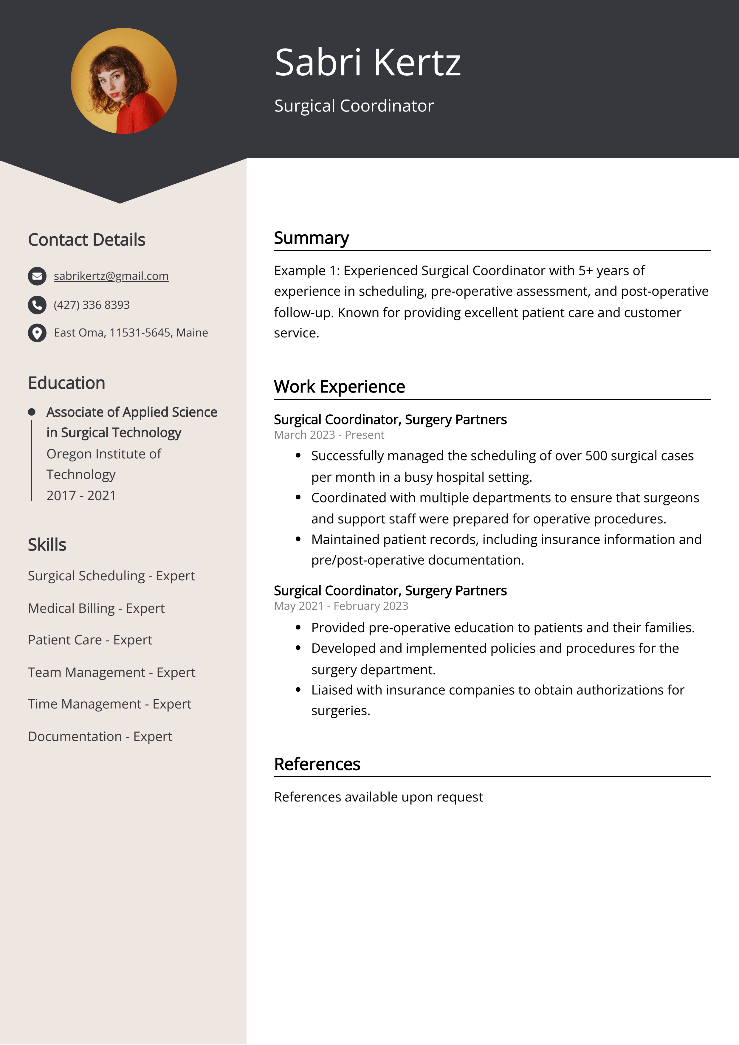 Surgical Coordinator Resume Example