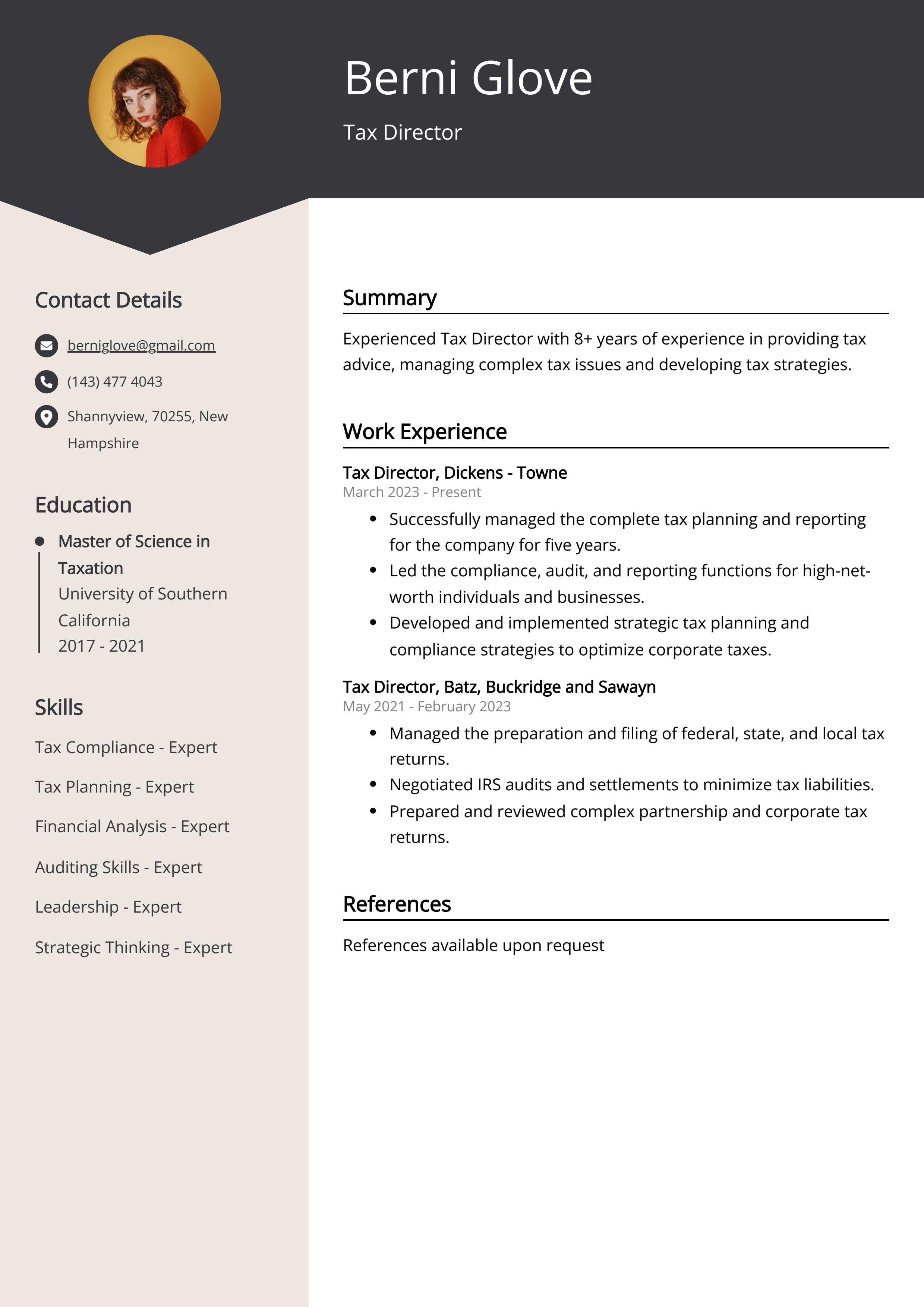 Tax Director Resume Example