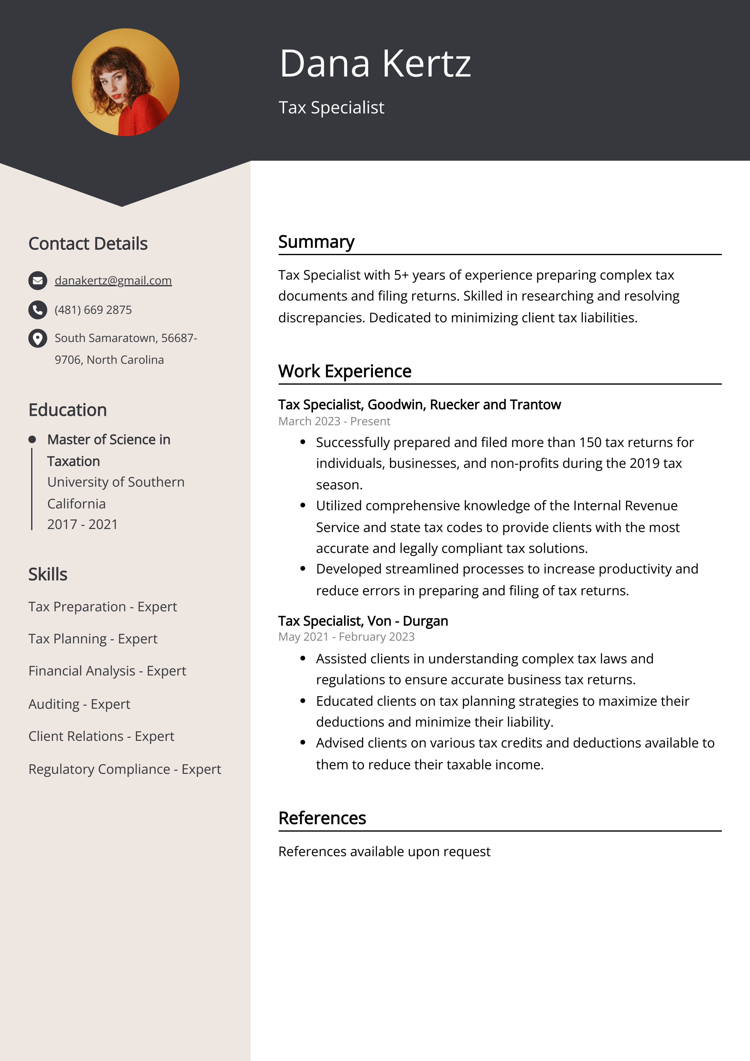 Tax Specialist Resume Example