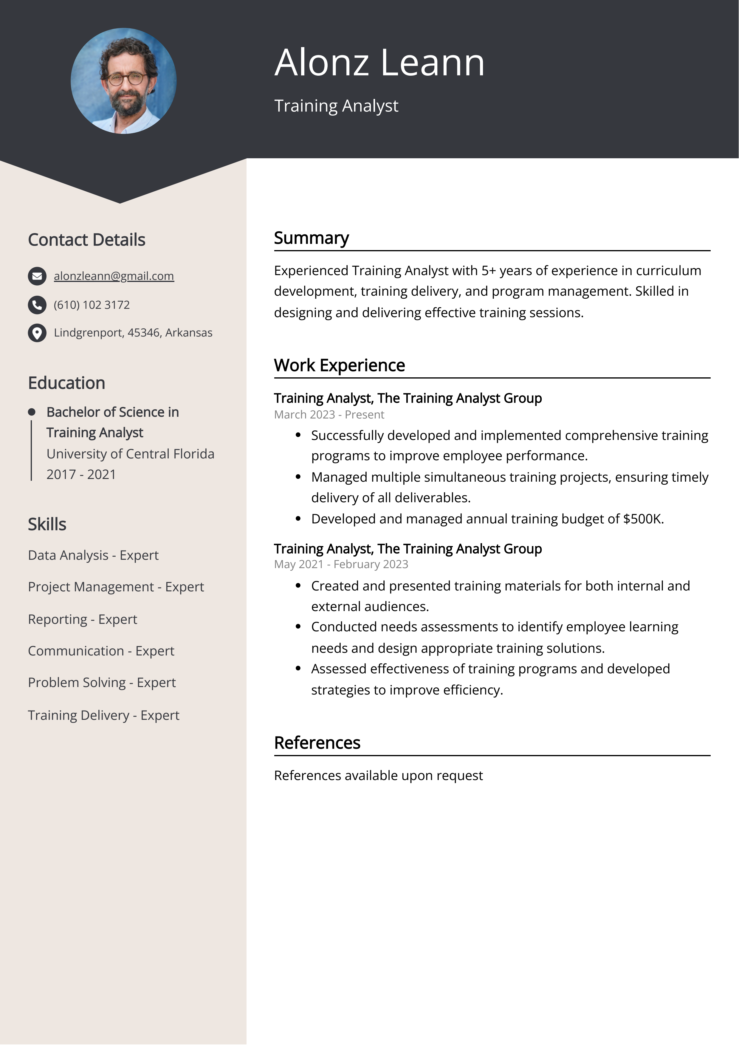 Training Analyst Resume Example