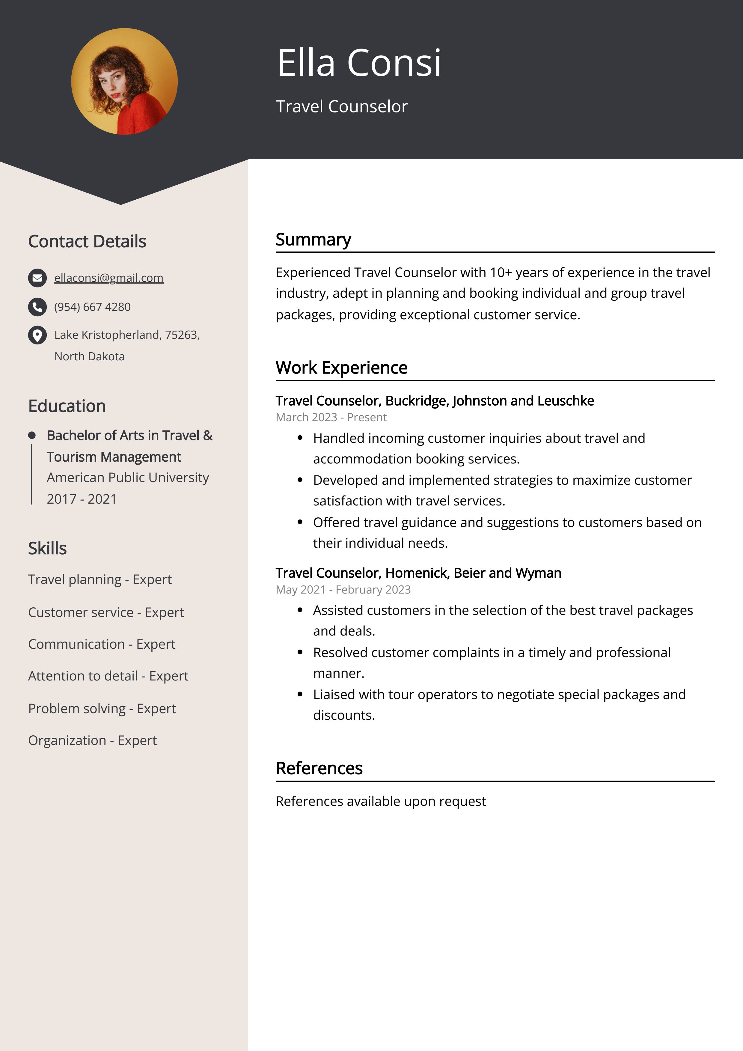 Travel Counselor Resume Example