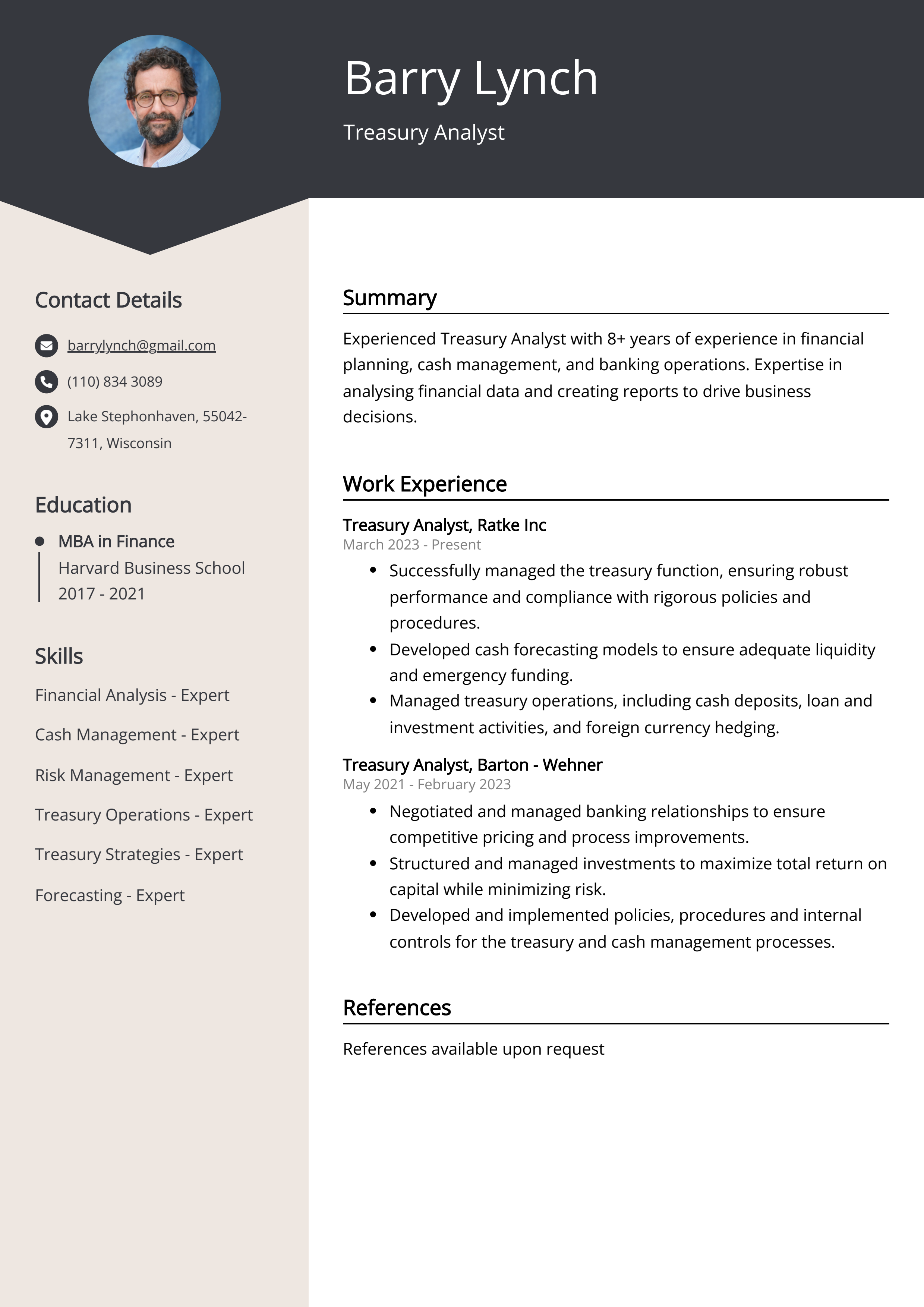 Treasury Analyst Resume Example