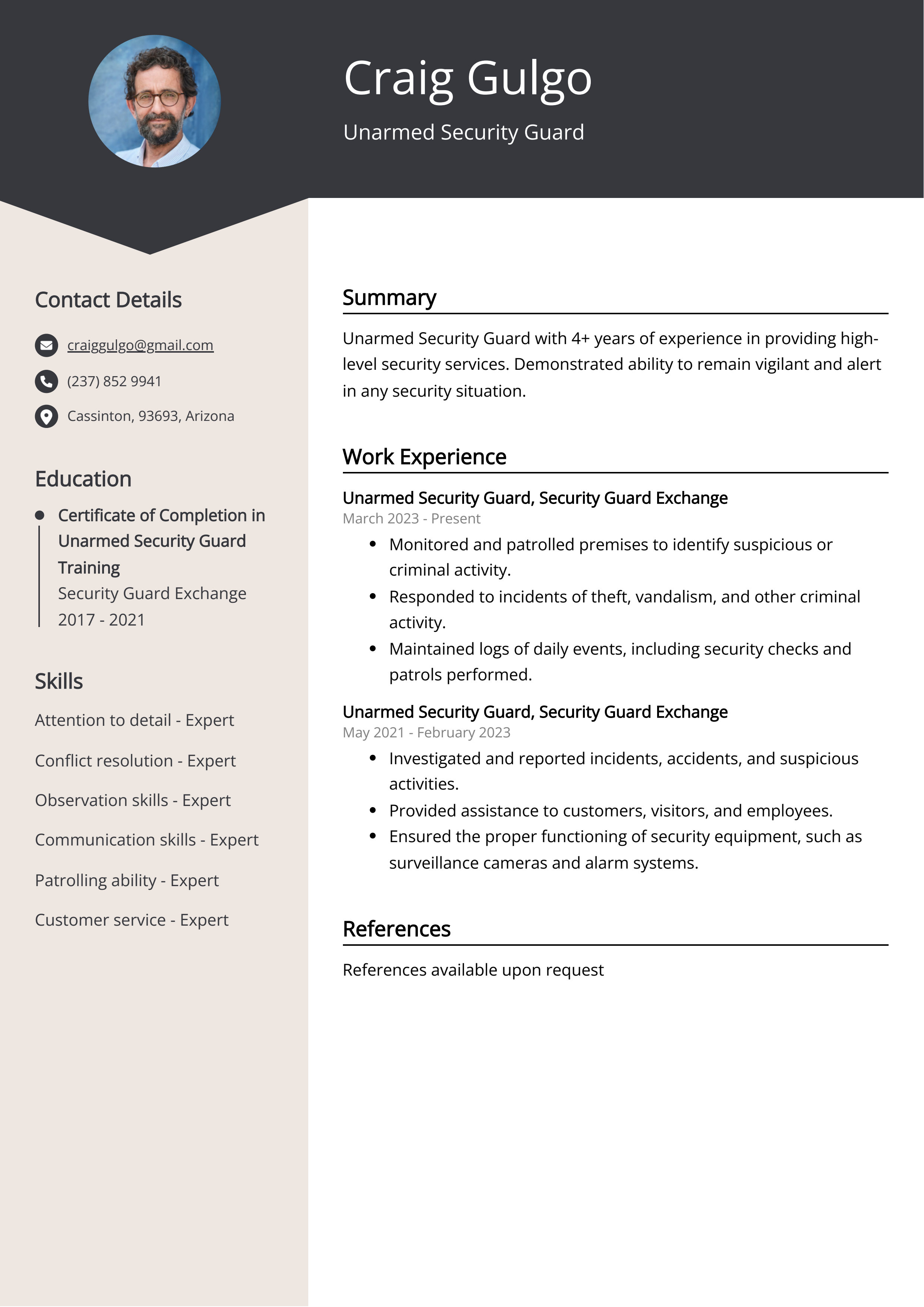 Unarmed Security Guard Resume Example