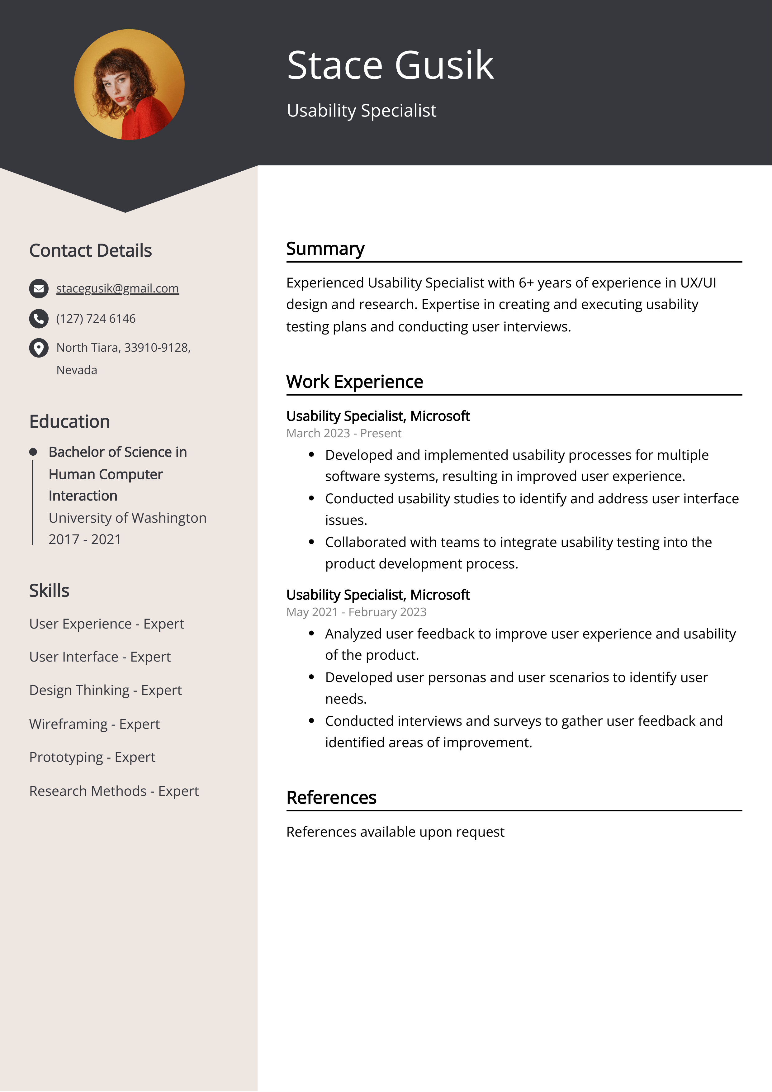 Usability Specialist Resume Example