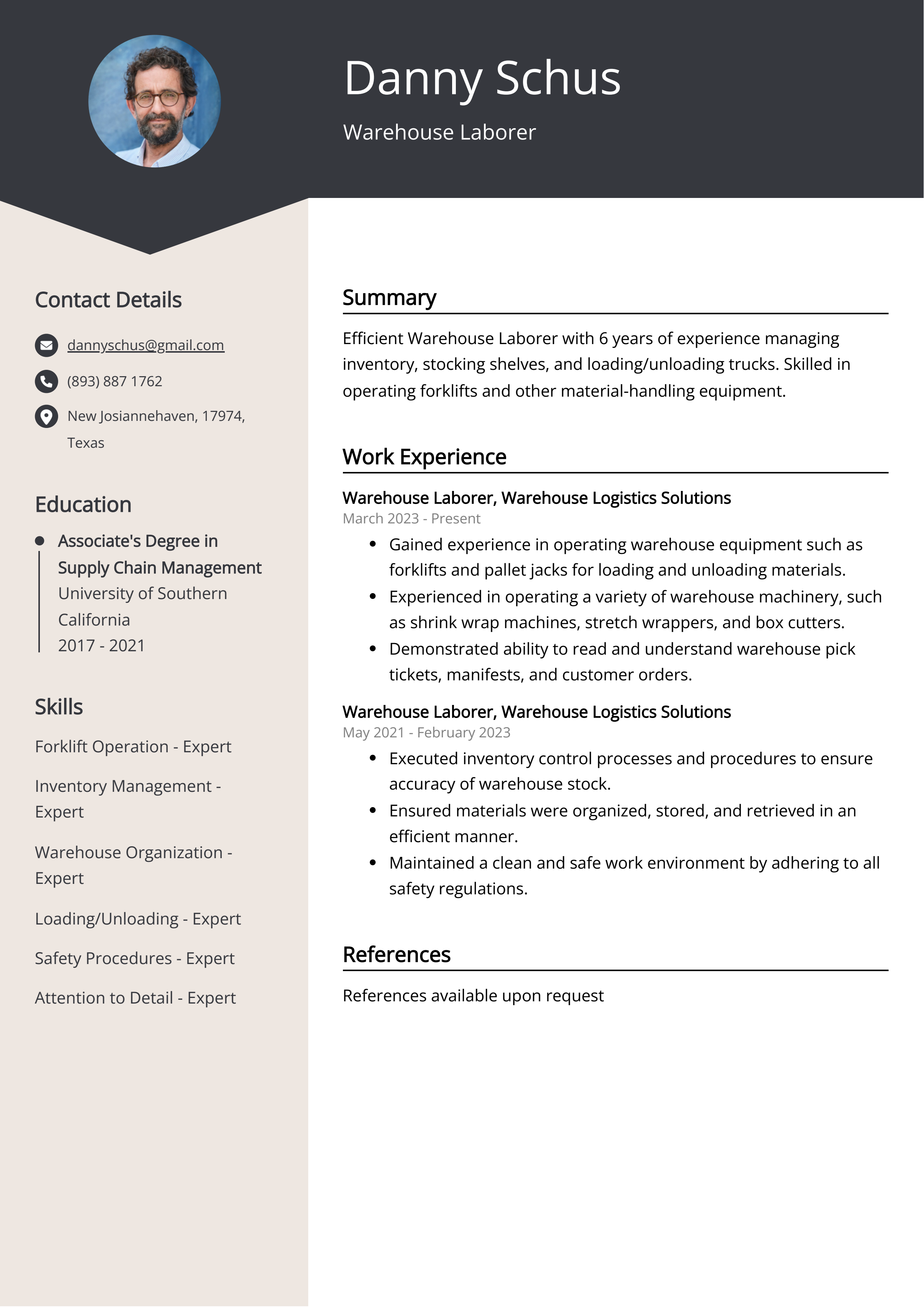 Warehouse Laborer Resume Example