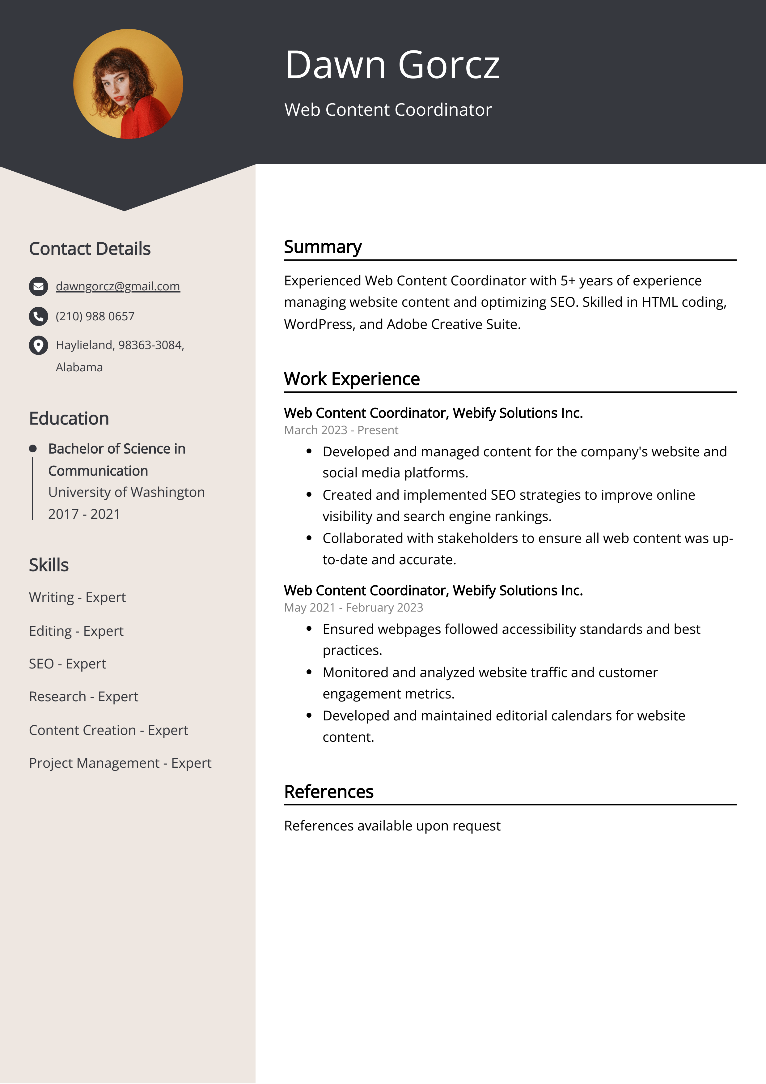 Web Content Coordinator Resume Example