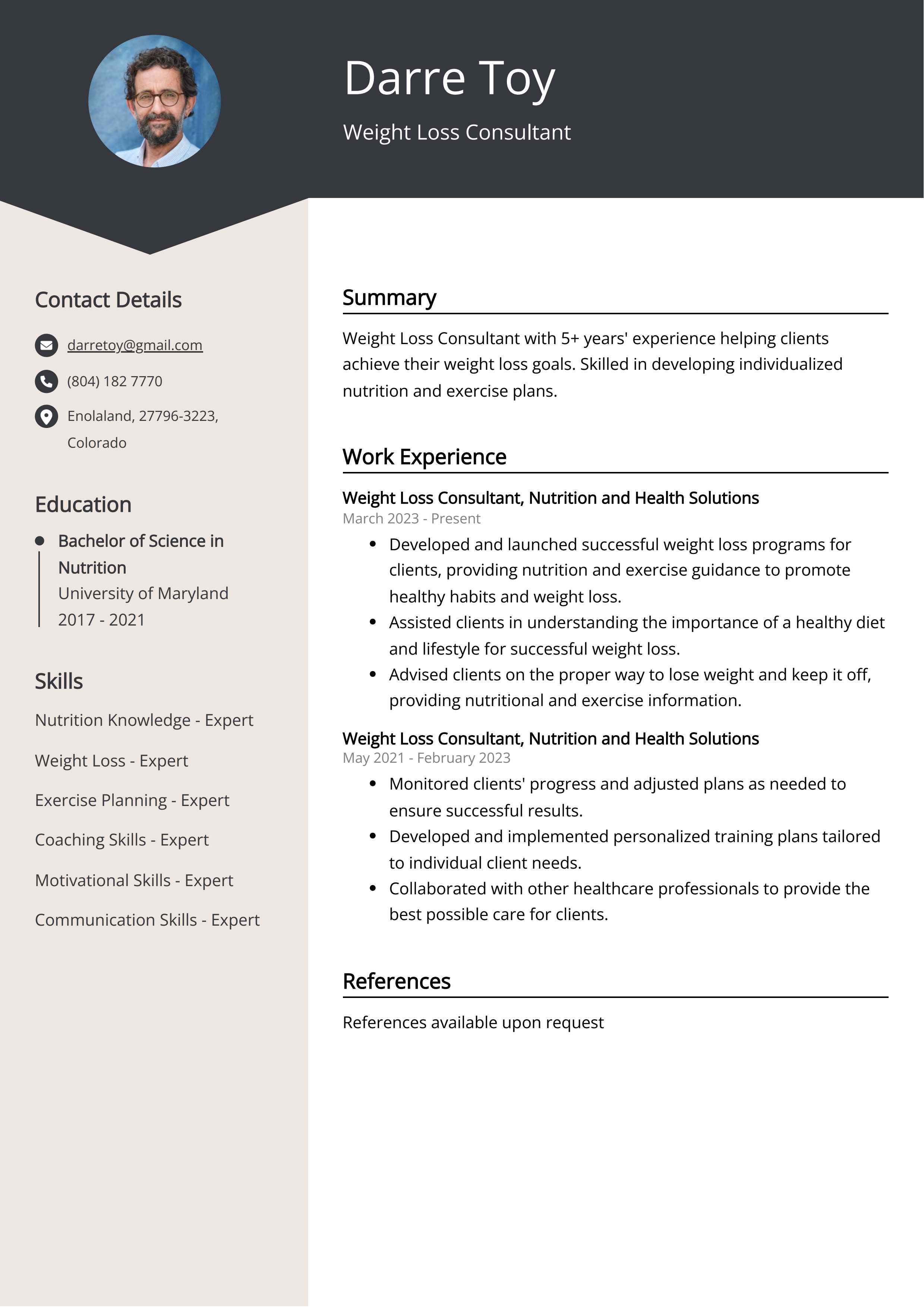 Weight Loss Consultant Resume Example