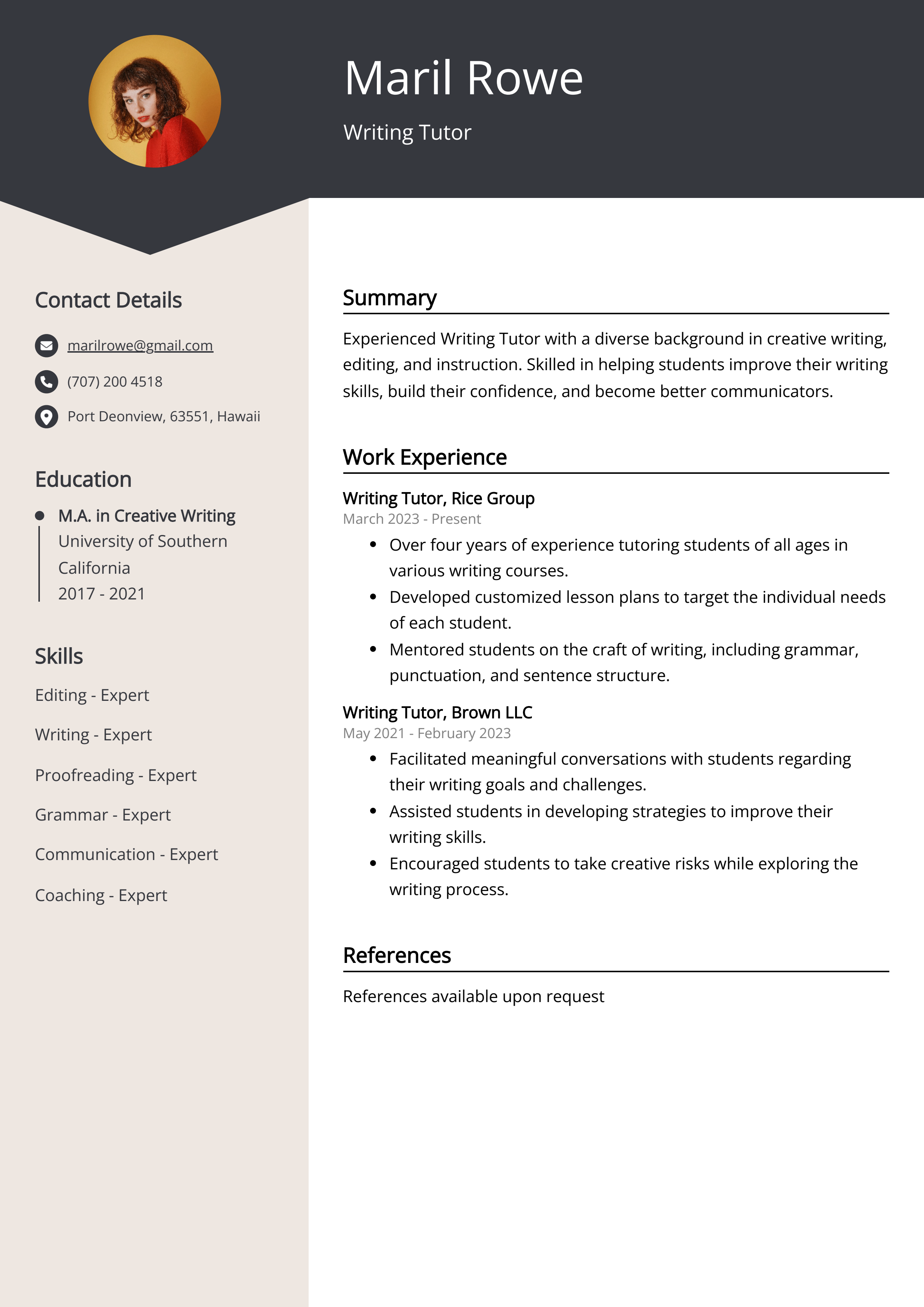 Writing Tutor Resume Example