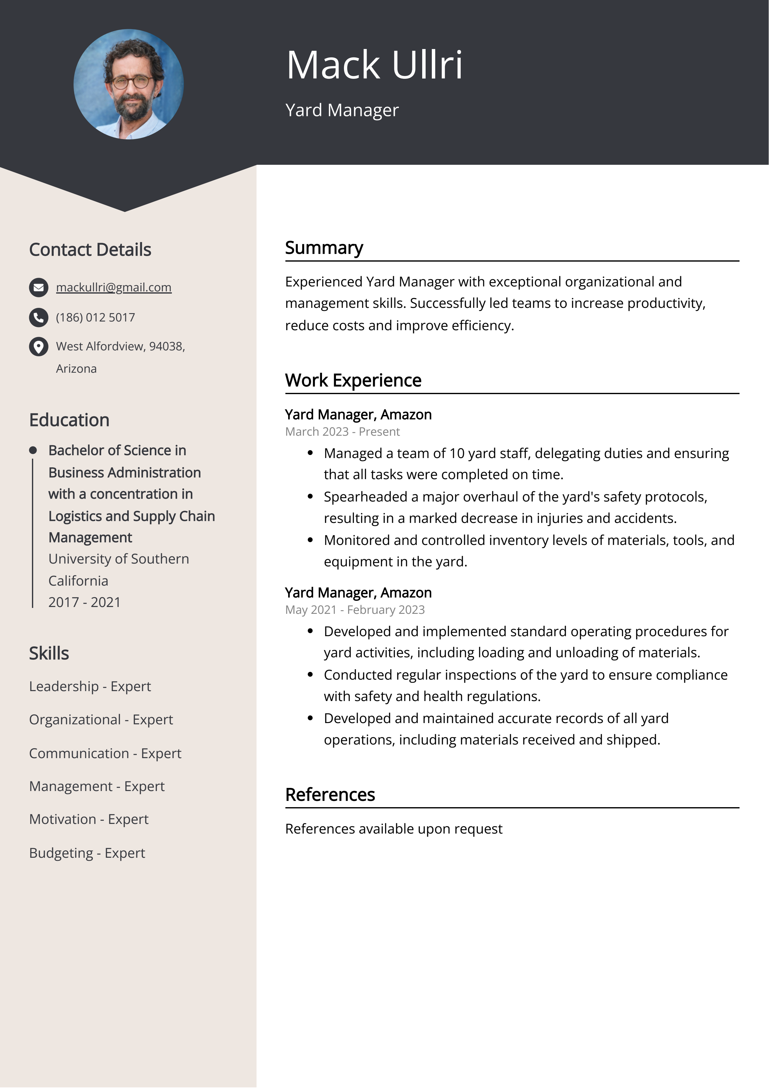 Yard Manager Resume Example