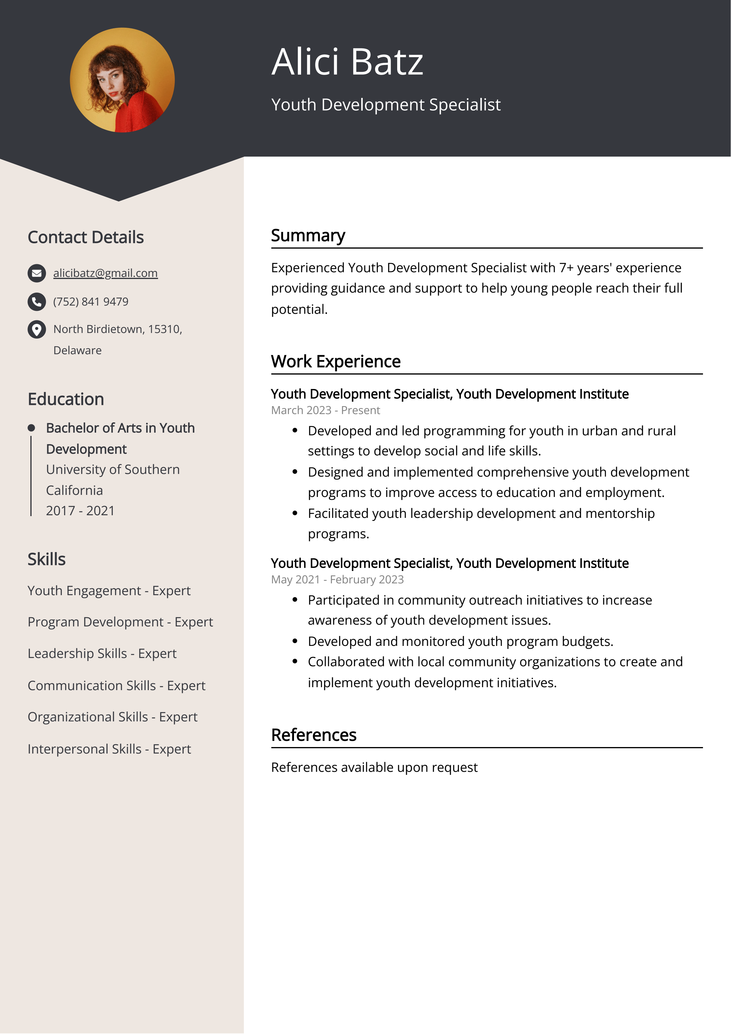 Youth Development Specialist Resume Example