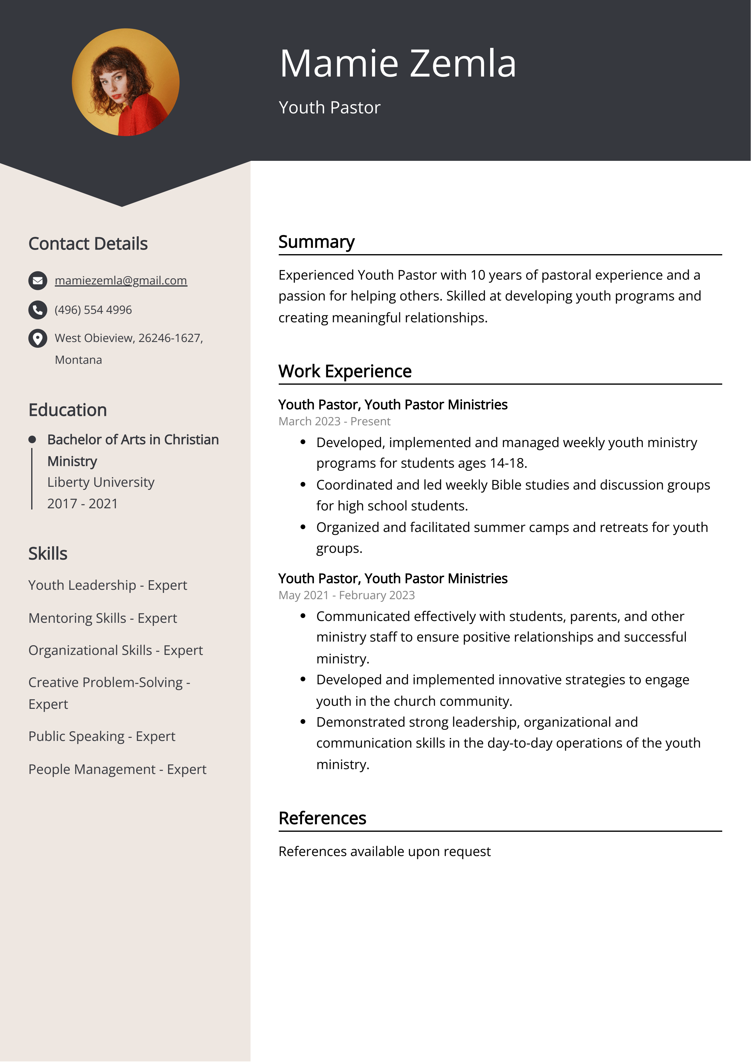 Youth Pastor Resume Example