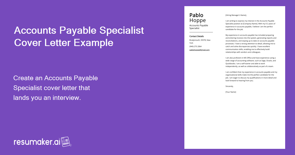 Accounts Payable Specialist Cover Letter Example for 2024