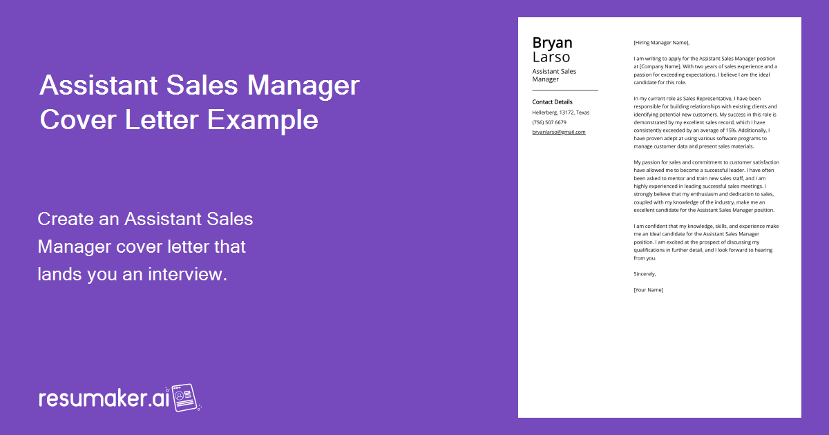 assistant sales manager cover letter