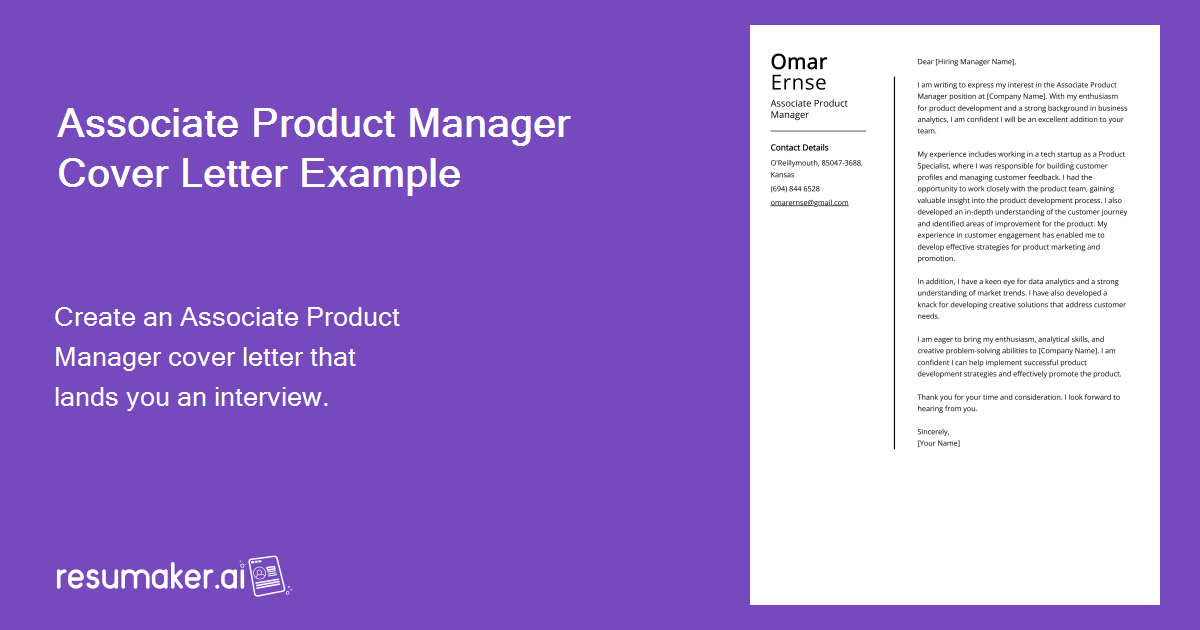 Associate Product Manager Cover Letter Example for 2024