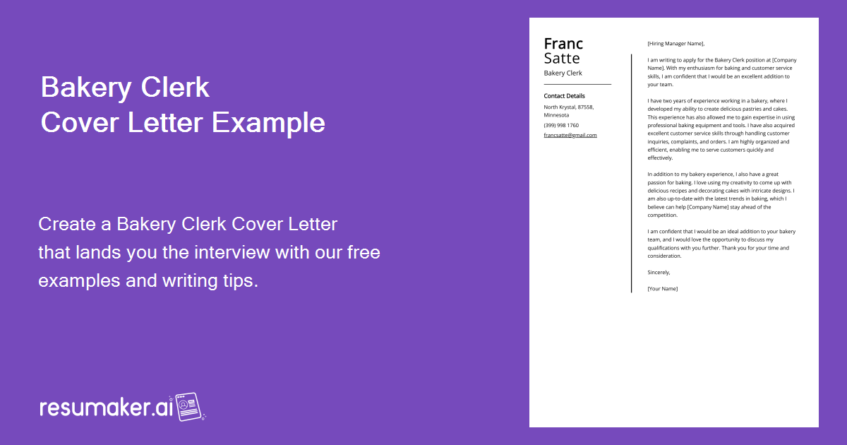 Bakery Clerk Cover Letter Example (Free Guide)