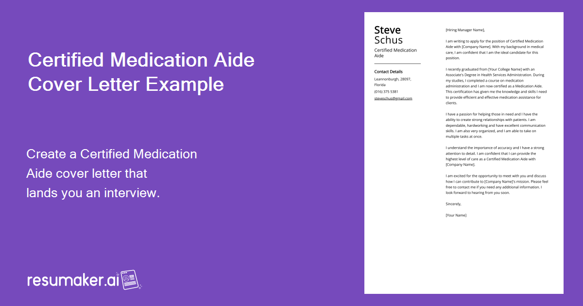 Certified Medication Aide Cover Letter Example for 2024