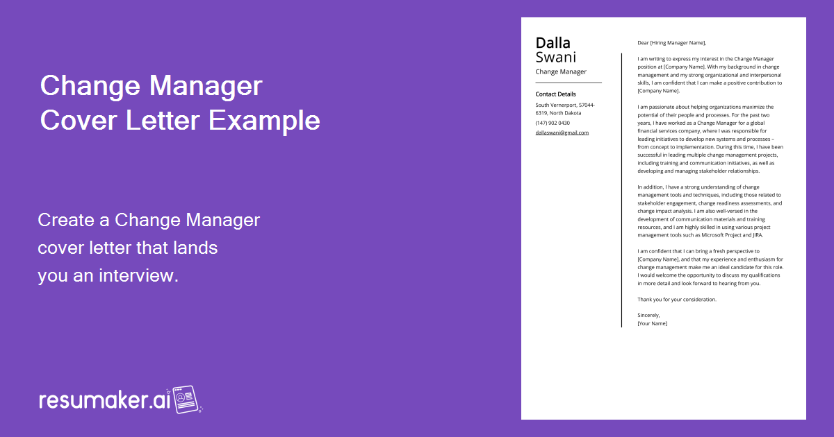 change manager cover letter example