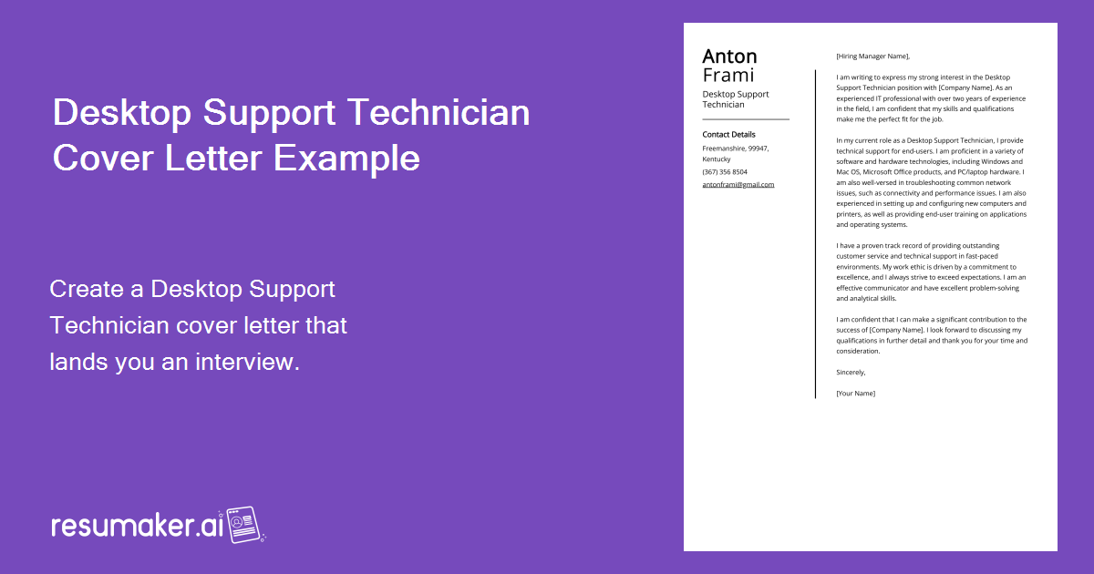 cover letter for a desktop support technician