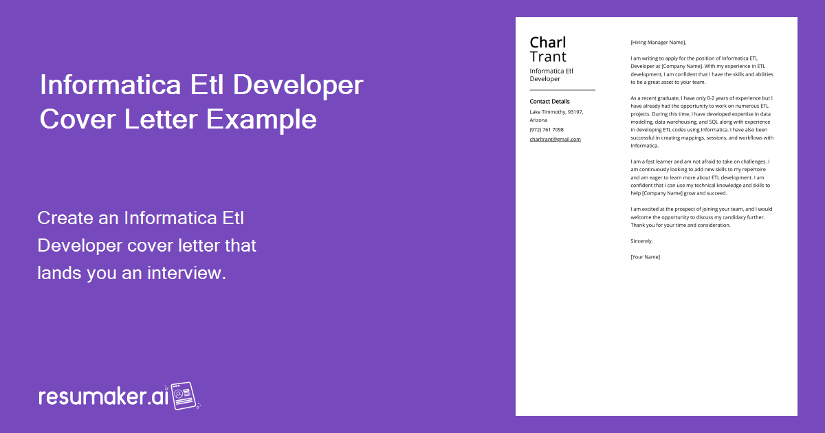 Informatica Etl Developer Cover Letter: Sample & Guide (Entry Level ...