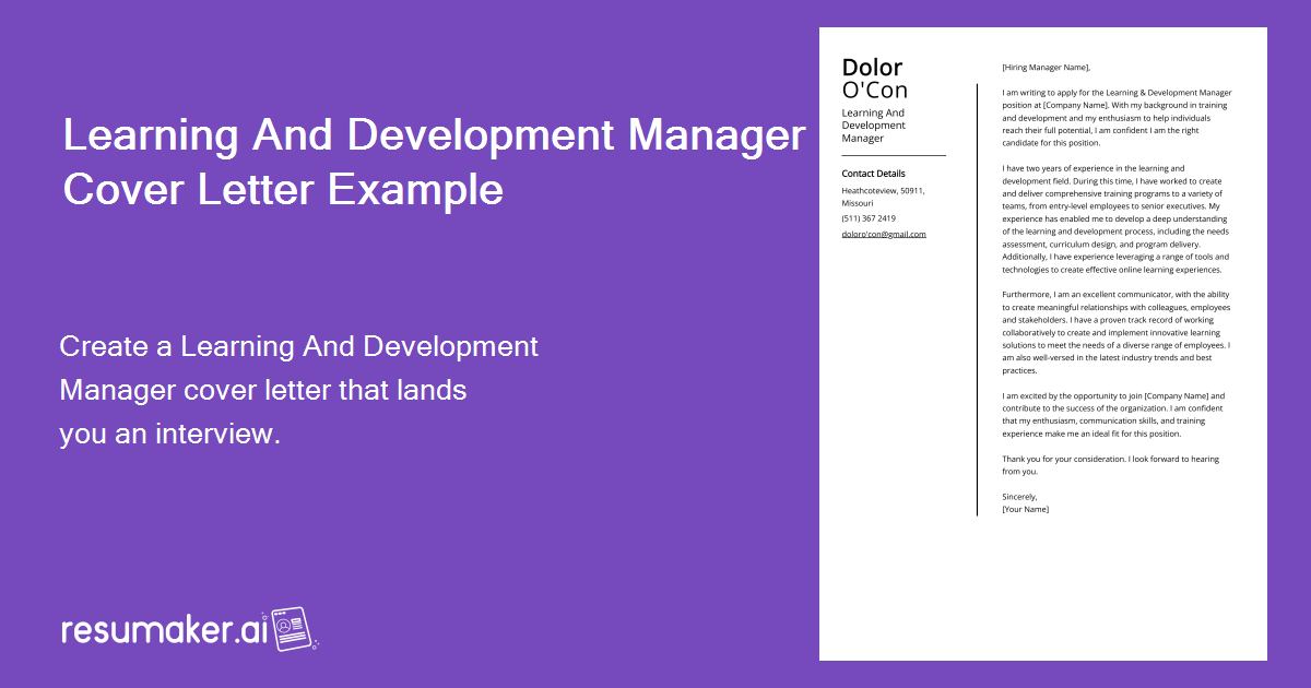 Learning And Development Manager Cover Letter: Job Description, Sample ...