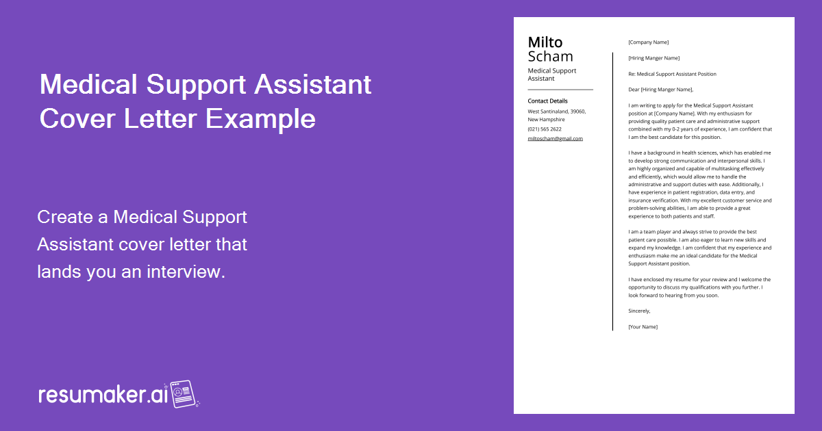 Medical Support Assistant Cover Letter Job Description, Sample & Guide