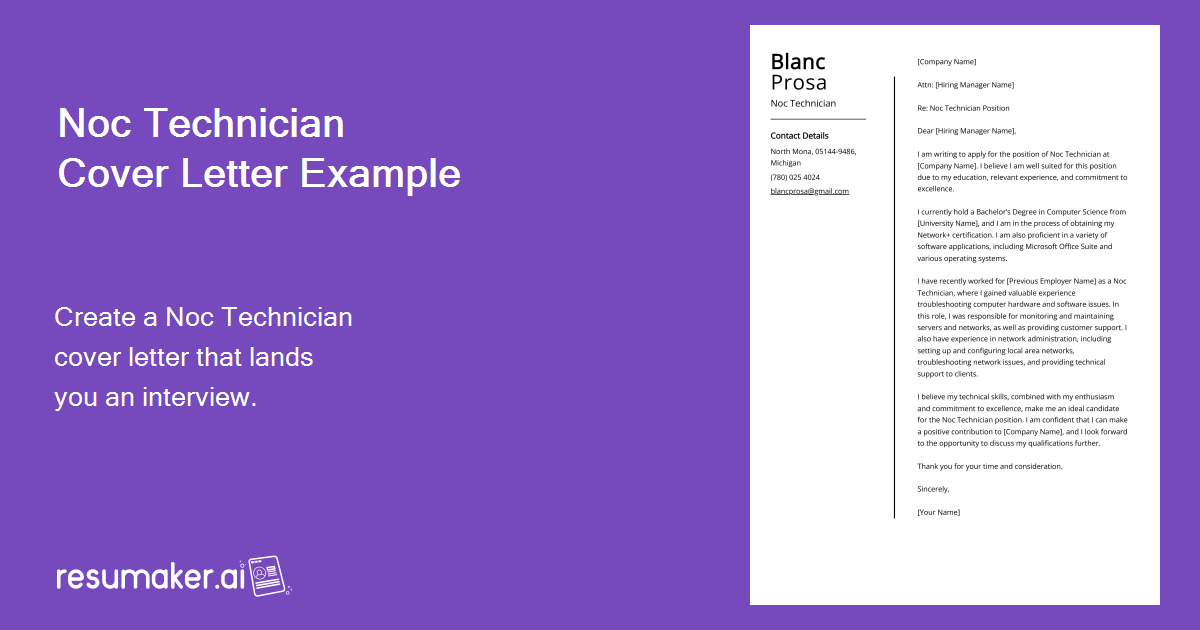 Noc Technician Cover Letter Job Description, Sample & Guide