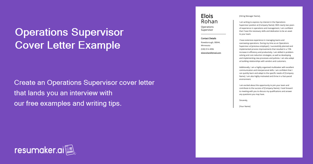 operations supervisor cover letter examples