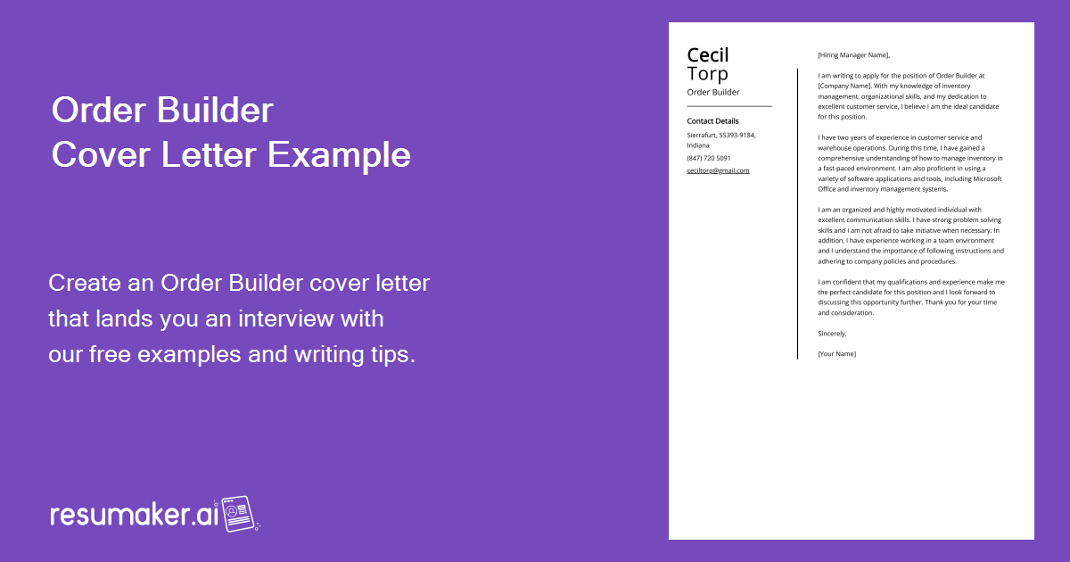 Order Builder Cover Letter Job Description, Sample & Guide