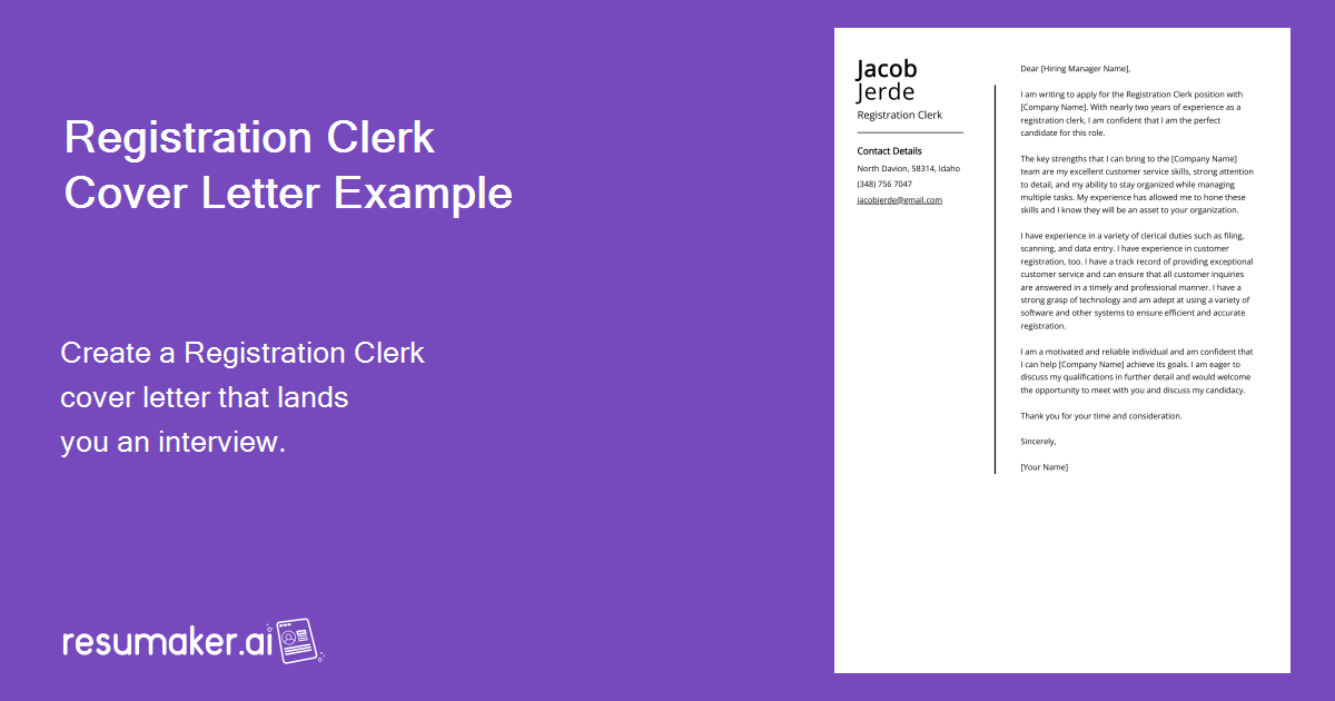 Registration Clerk Cover Letter Examples (Template & 20+ Tips)