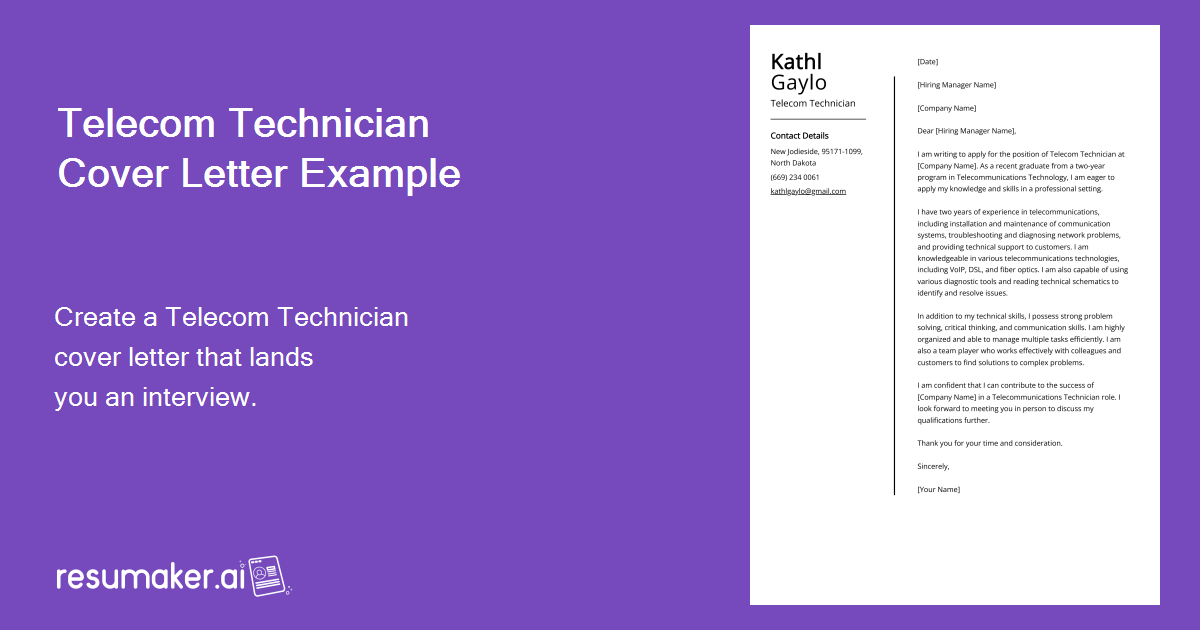 Telecom Technician Cover Letter Examples (Template & 20+ Tips)