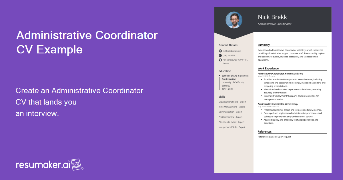 Administrative Coordinator CV Example for 2024