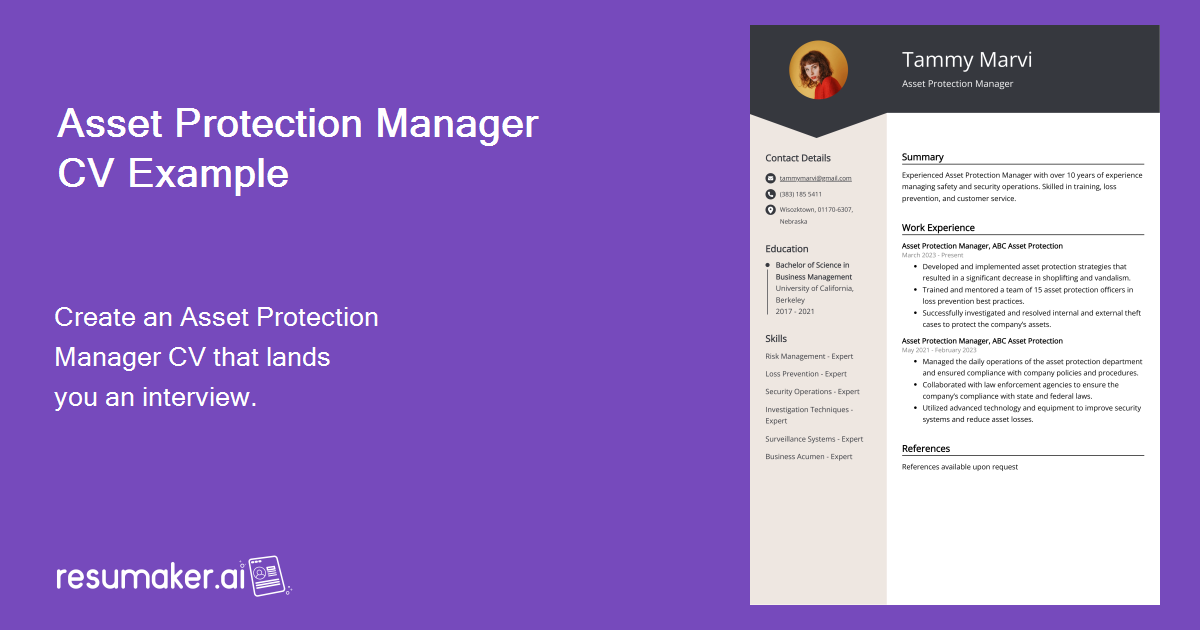 Asset Protection Manager CV Example for 2024
