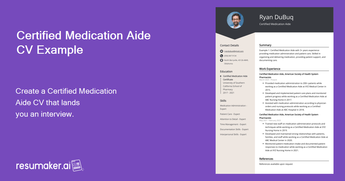 Certified Medication Aide CV Example for 2024