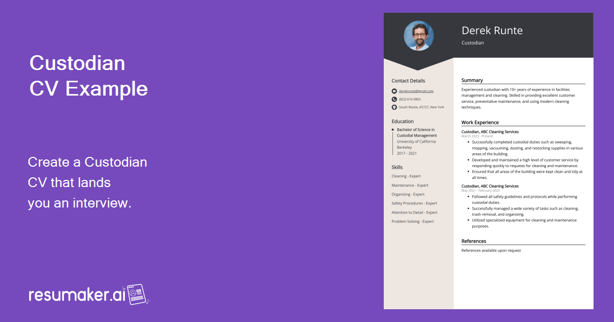 Custodian CV Example For 2024   Custodian CV Example 