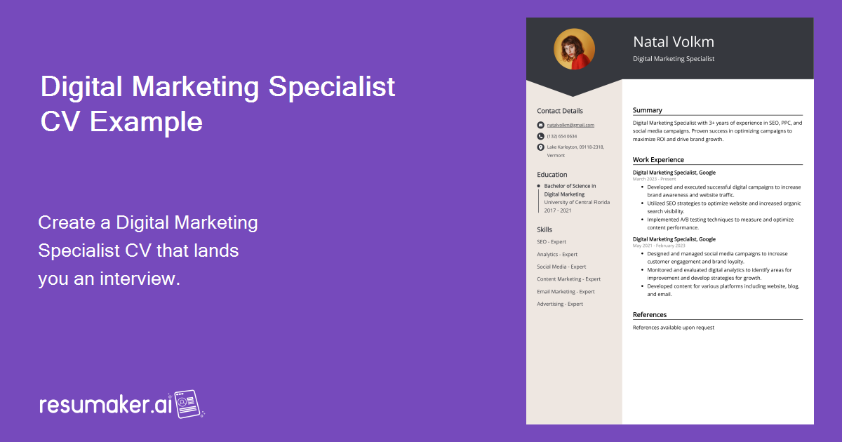 Digital Marketing Specialist CV Example for 2024