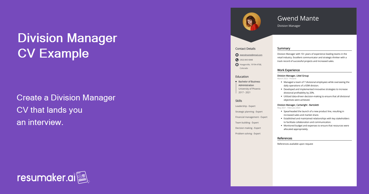 Division Manager CV Example for 2024