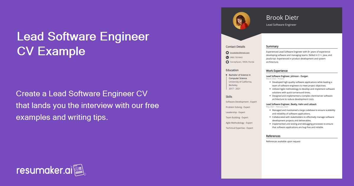 Lead Software Engineer CV Job Description Sample Guide