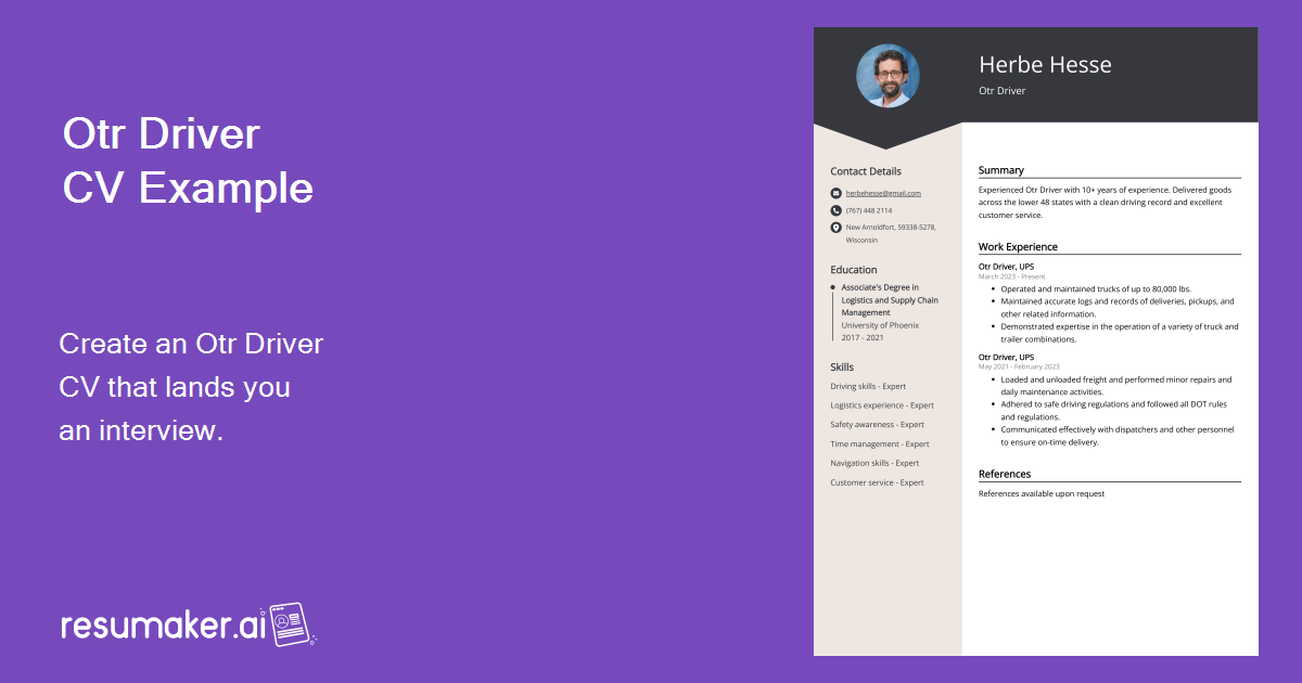 Otr driver cv job description sample guide