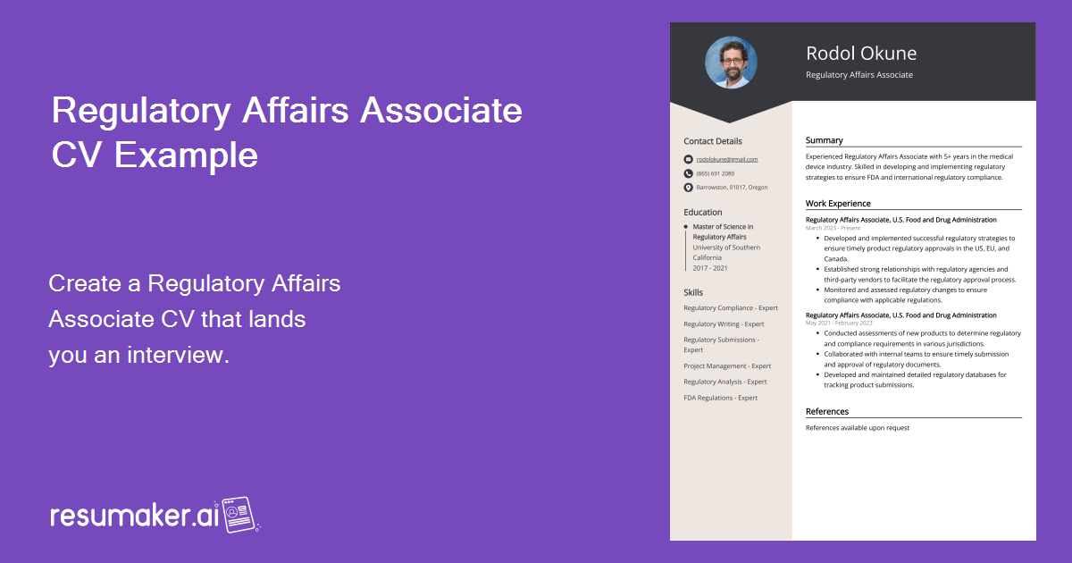 Regulatory Affairs Associate CV Examples (Template & 20+ Tips)